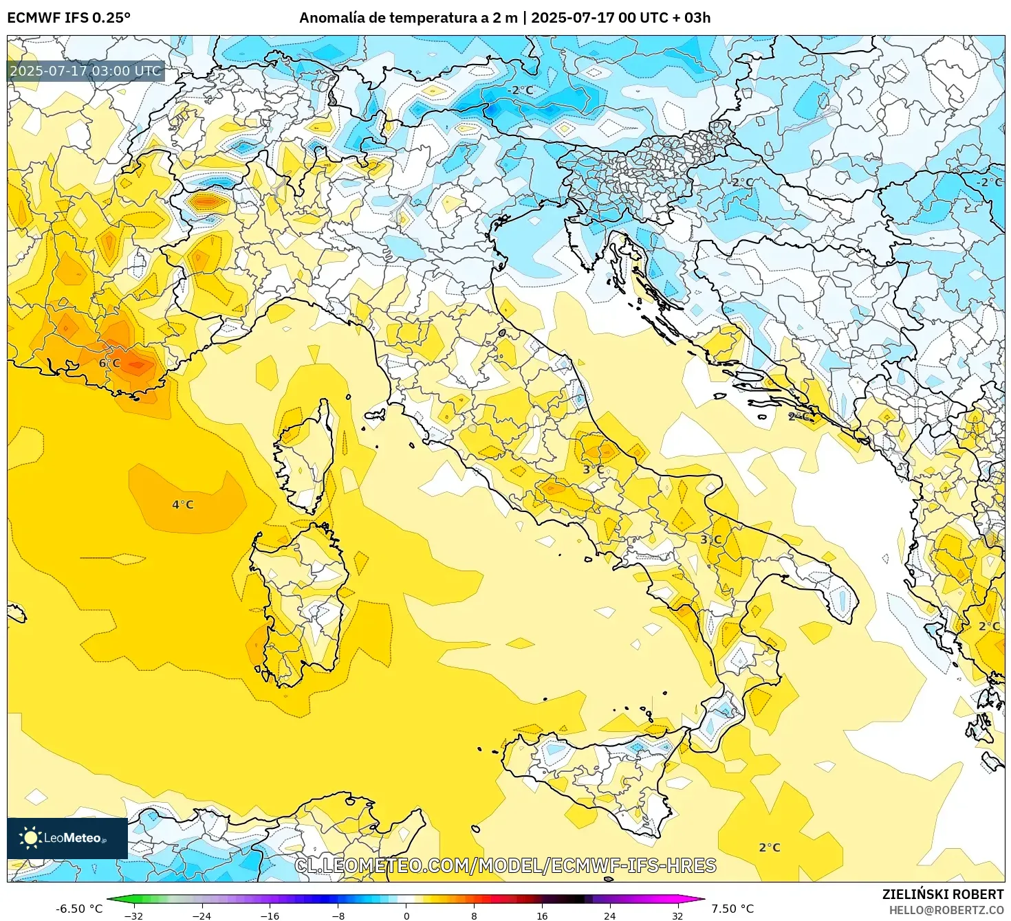 ECMWF IFS 0.25° model - Italia, Anomalía de temperatura a 2 m