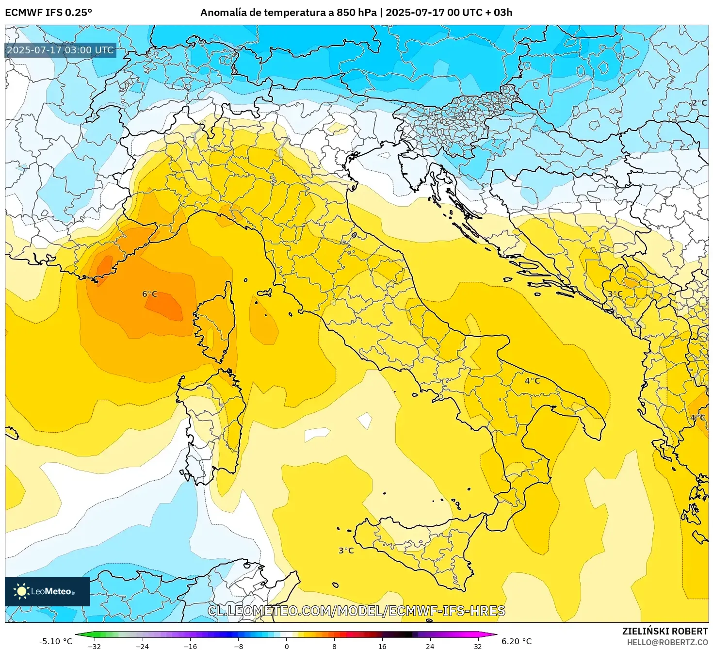 ECMWF IFS 0.25° model - Italia, Anomalía de temperatura a 850 hPa ECMWF IFS 0.25° model - Italia, Anomalía de temperatura a 850 hPa