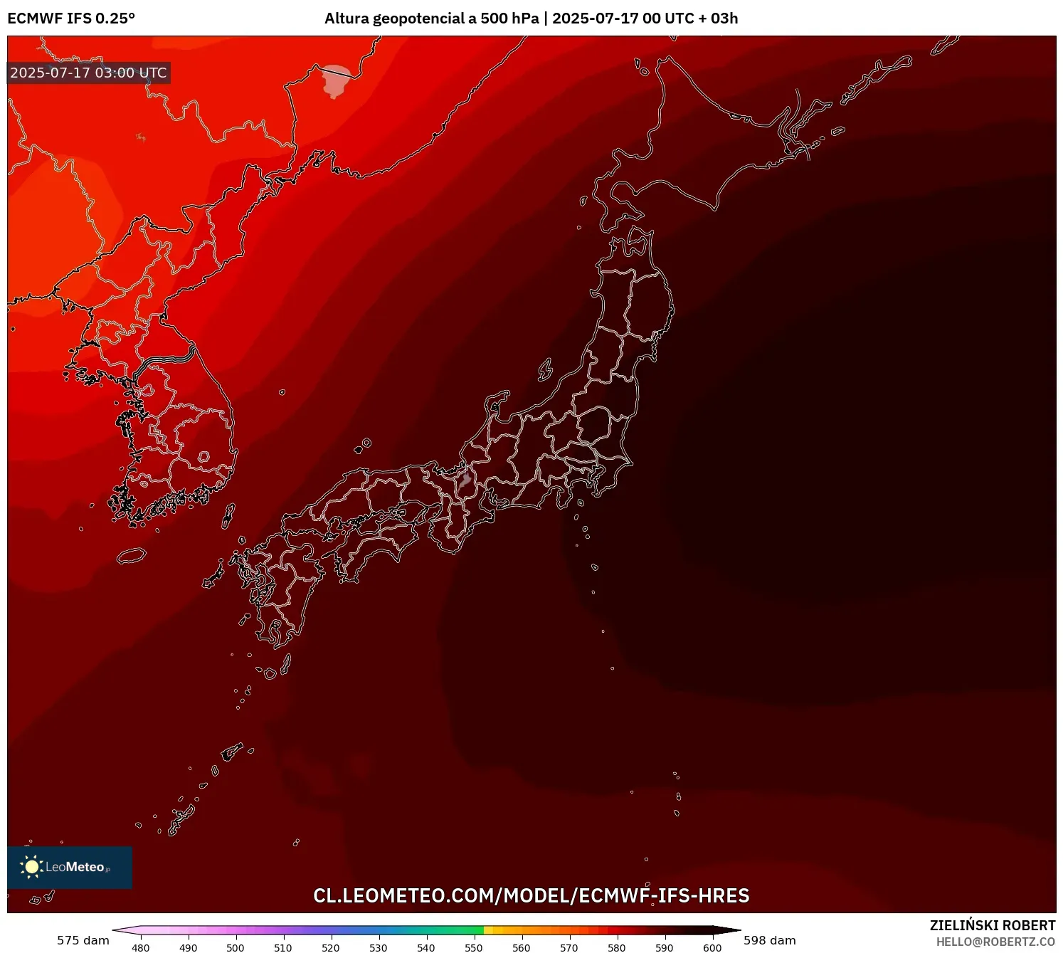 ECMWF IFS 0.25° model - Japón, Altura geopotencial a 500 hPa ECMWF IFS 0.25° model - Japón, Altura geopotencial a 500 hPa