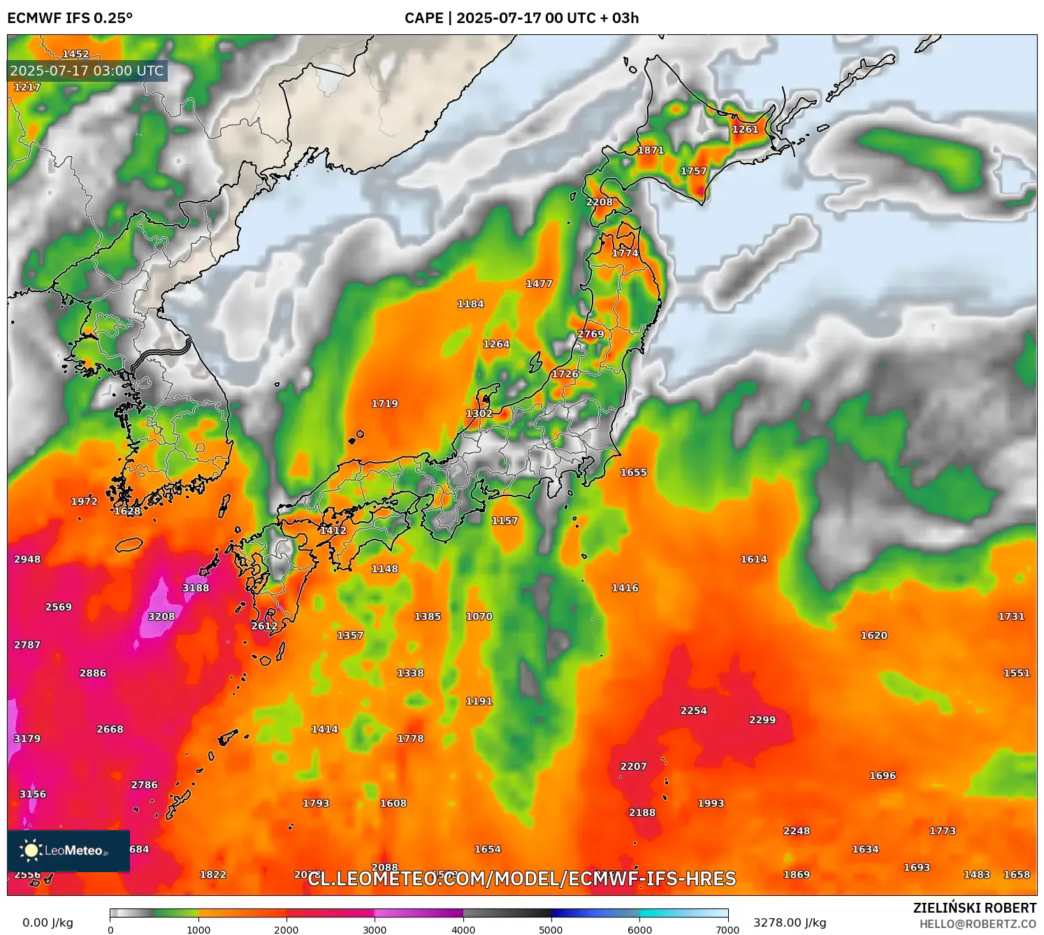 ECMWF IFS 0.25° model - Japón, CAPE ECMWF IFS 0.25° model - Japón, CAPE