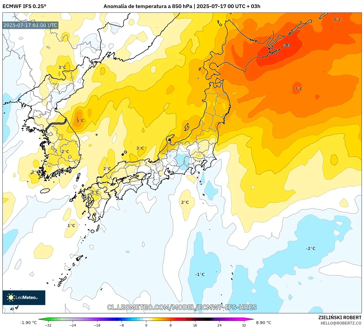 ECMWF IFS 0.25° model - Japón, Anomalía de temperatura a 850 hPa ECMWF IFS 0.25° model - Japón, Anomalía de temperatura a 850 hPa