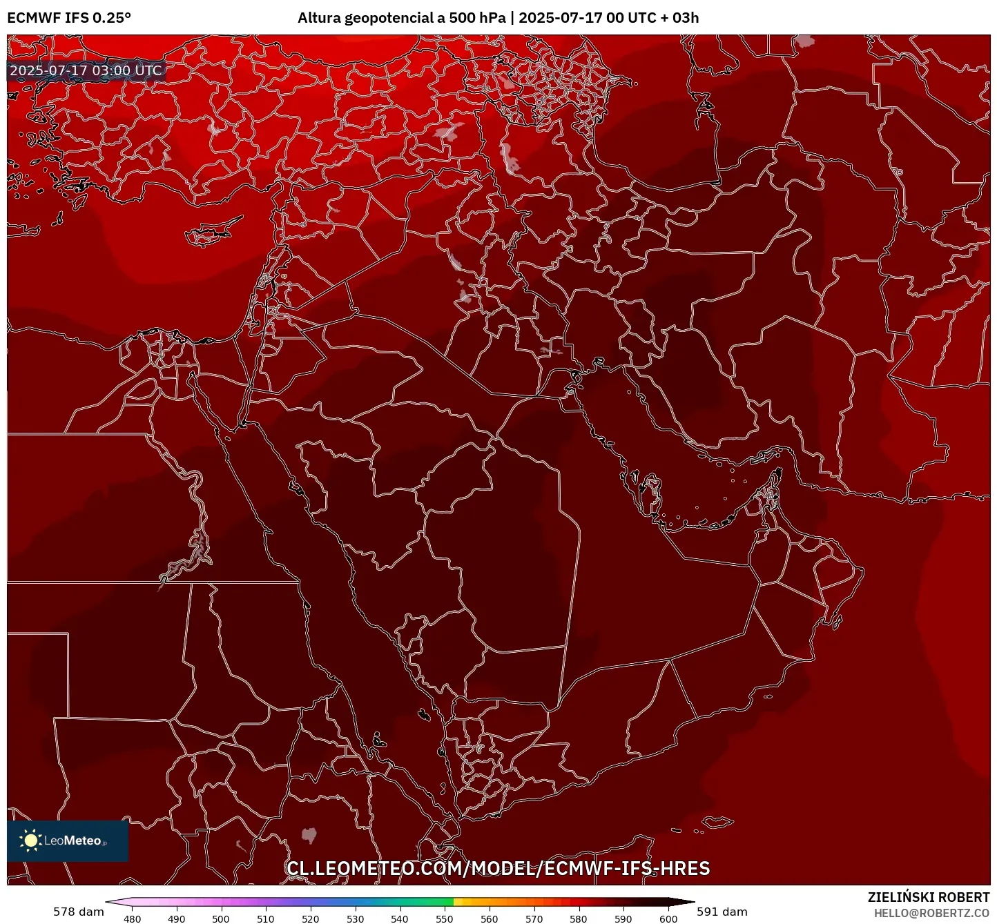 ECMWF IFS 0.25° model - Oriente Medio, Altura geopotencial a 500 hPa