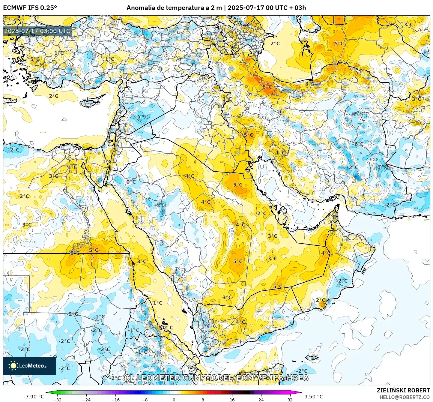 ECMWF IFS 0.25° model - Oriente Medio, Anomalía de temperatura a 2 m ECMWF IFS 0.25° model - Oriente Medio, Anomalía de temperatura a 2 m