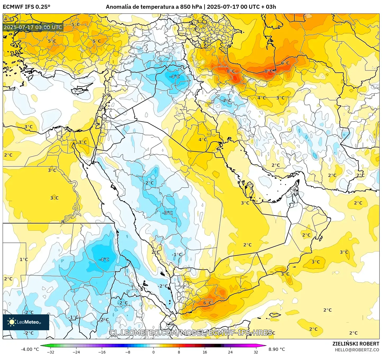 ECMWF IFS 0.25° model - Oriente Medio, Anomalía de temperatura a 850 hPa