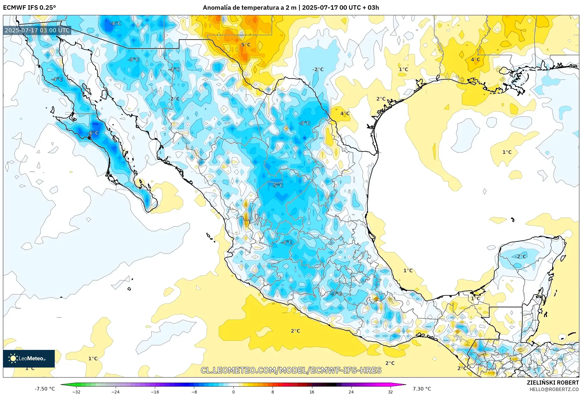 ECMWF IFS 0.25° model - México, Anomalía de temperatura a 2 m ECMWF IFS 0.25° model - México, Anomalía de temperatura a 2 m