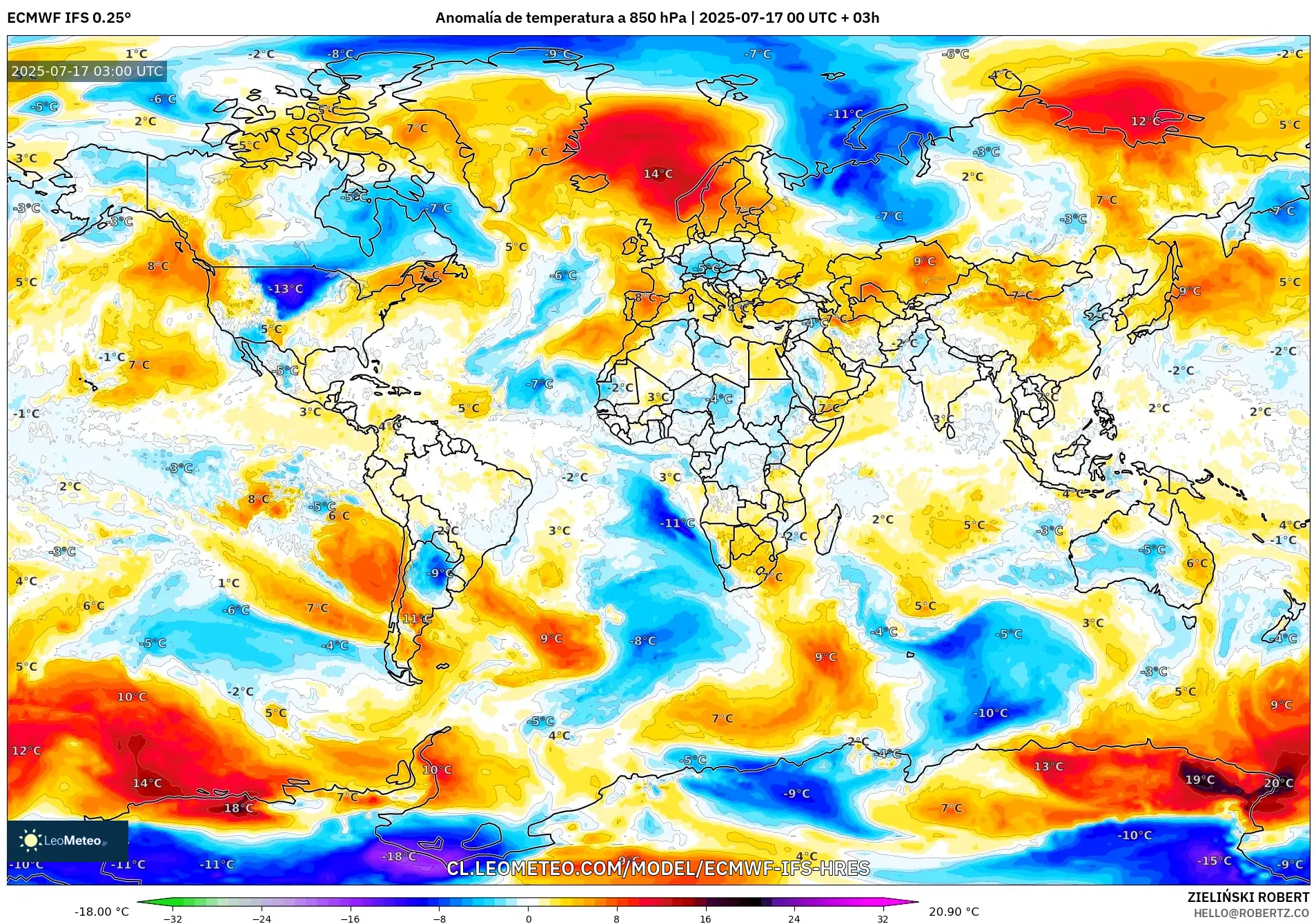 ECMWF IFS 0.25° model - Mundo, Anomalía de temperatura a 850 hPa ECMWF IFS 0.25° model - Mundo, Anomalía de temperatura a 850 hPa