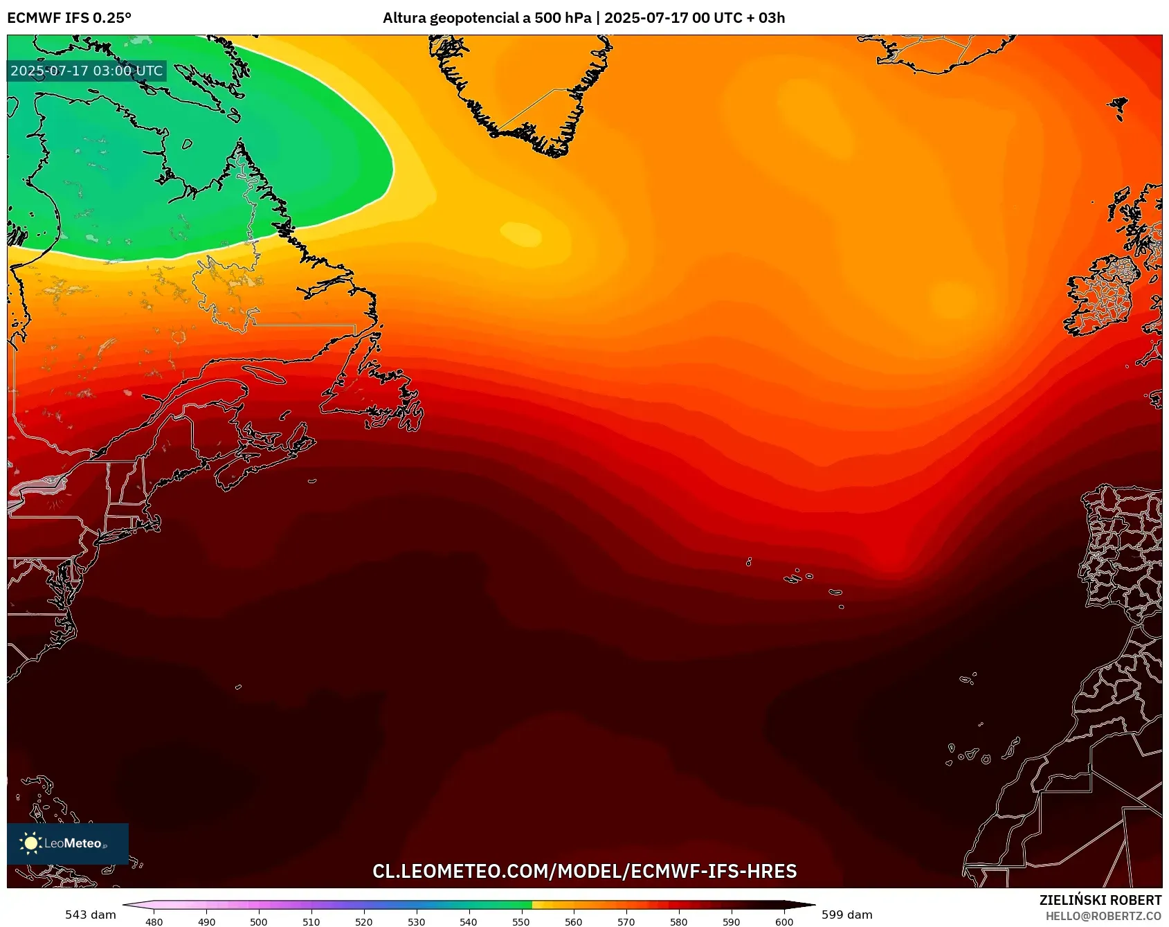 ECMWF IFS 0.25° model - Norte Atlántico, Altura geopotencial a 500 hPa