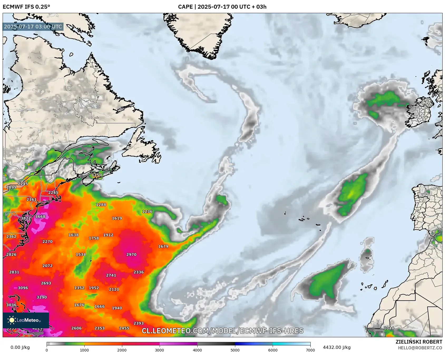 ECMWF IFS 0.25° model - Norte Atlántico, CAPE