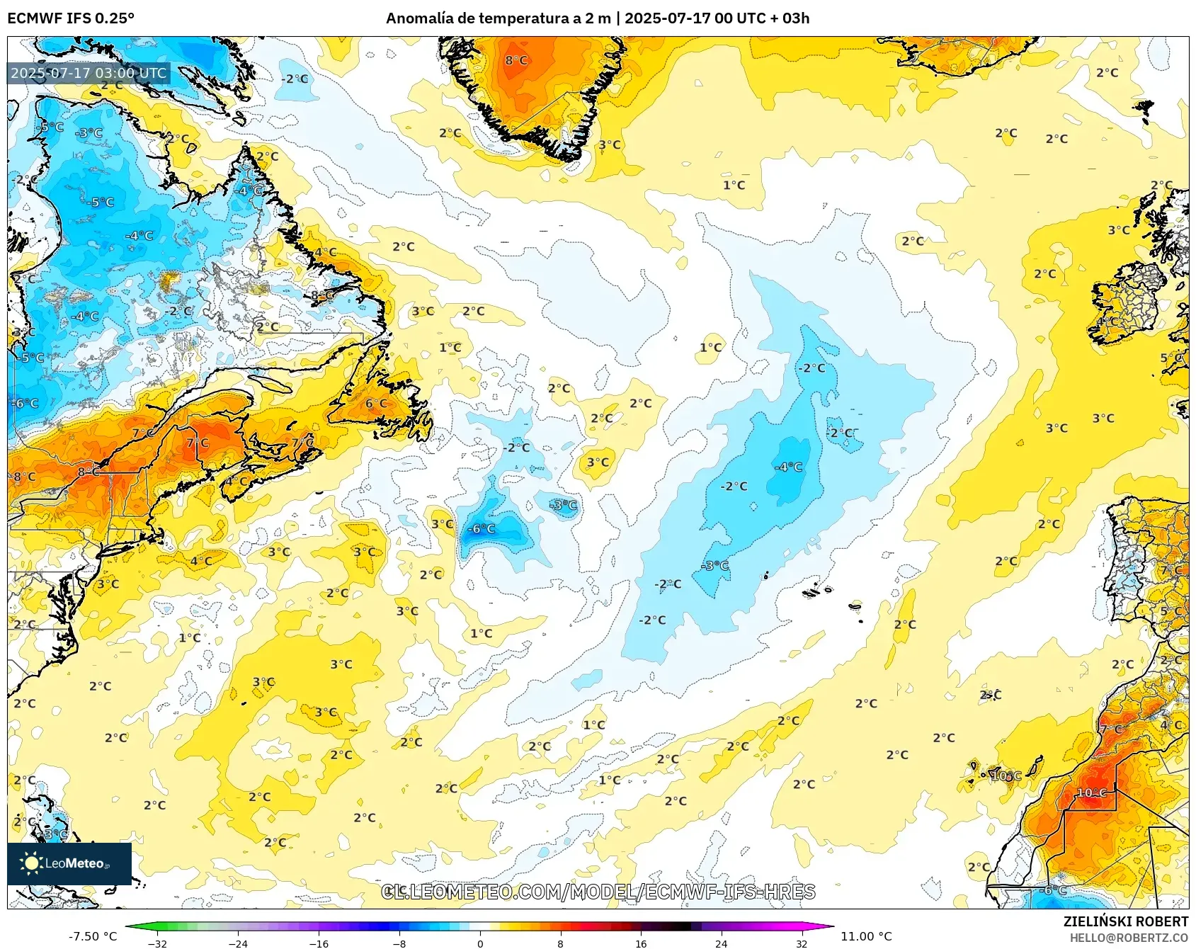 ECMWF IFS 0.25° model - Norte Atlántico, Anomalía de temperatura a 2 m ECMWF IFS 0.25° model - Norte Atlántico, Anomalía de temperatura a 2 m