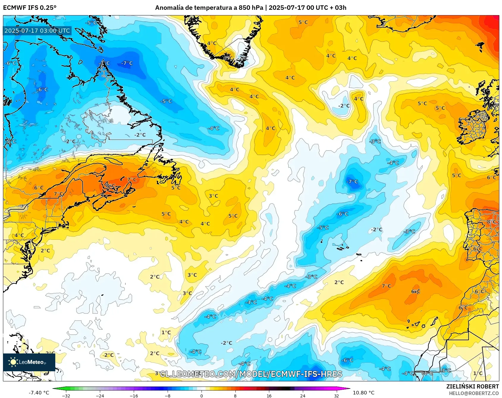 ECMWF IFS 0.25° model - Norte Atlántico, Anomalía de temperatura a 850 hPa
