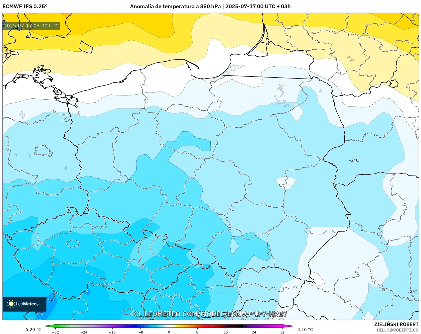 ECMWF IFS 0.25° model - Polonia, Anomalía de temperatura a 850 hPa ECMWF IFS 0.25° model - Polonia, Anomalía de temperatura a 850 hPa