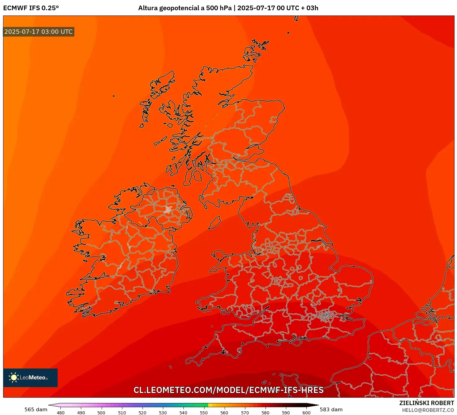 ECMWF IFS 0.25° model - Reino Unido, Altura geopotencial a 500 hPa
