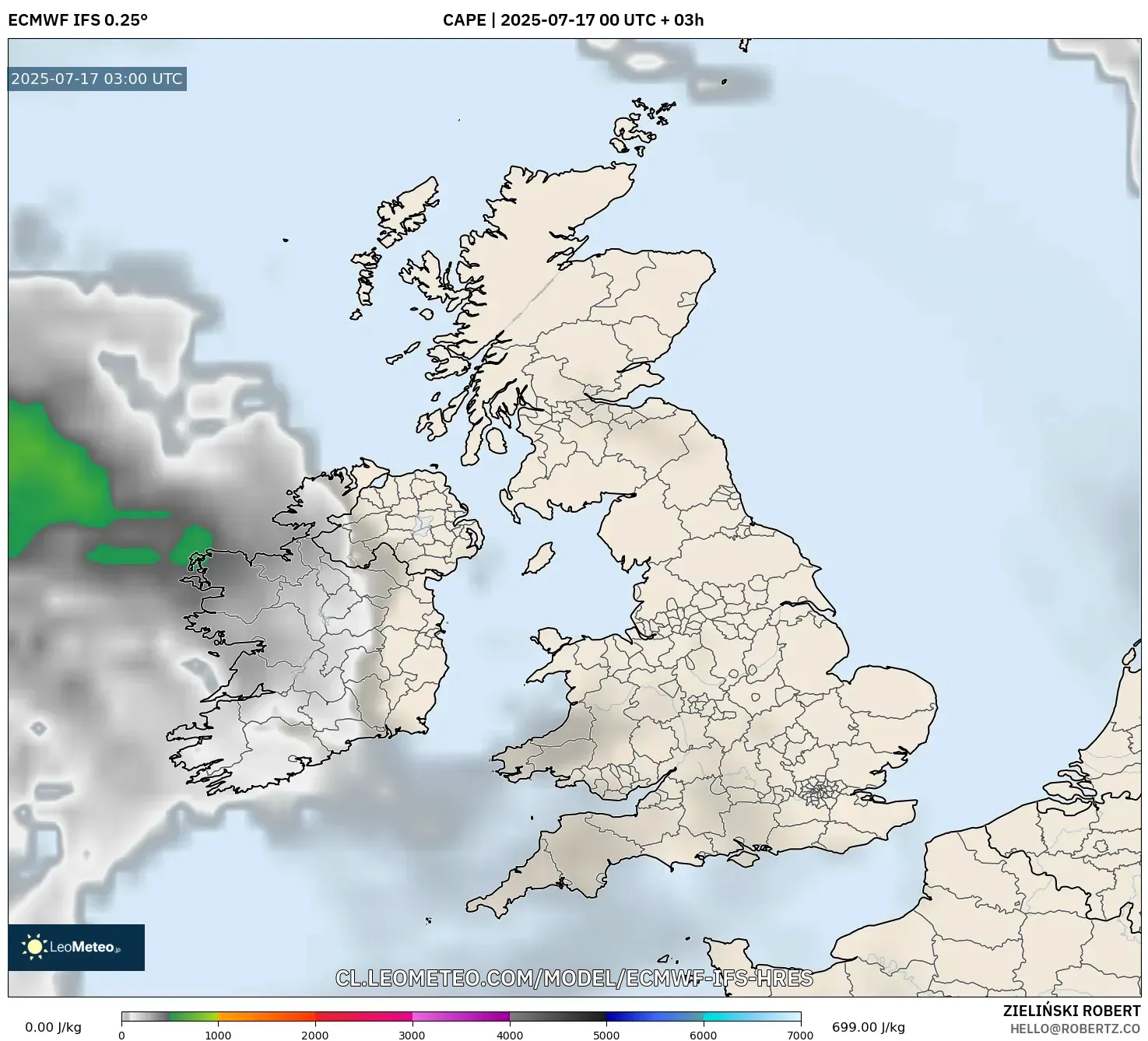 ECMWF IFS 0.25° model - Reino Unido, CAPE