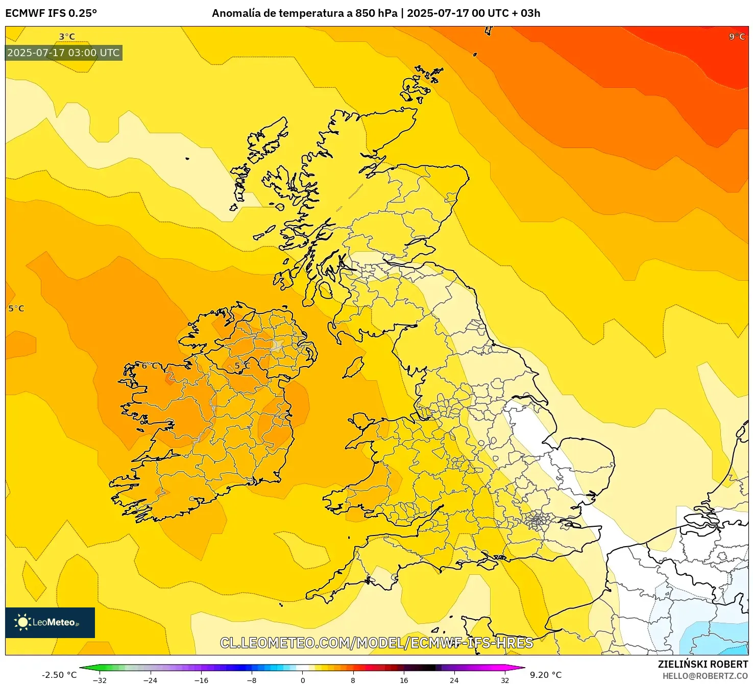 ECMWF IFS 0.25° model - Reino Unido, Anomalía de temperatura a 850 hPa
