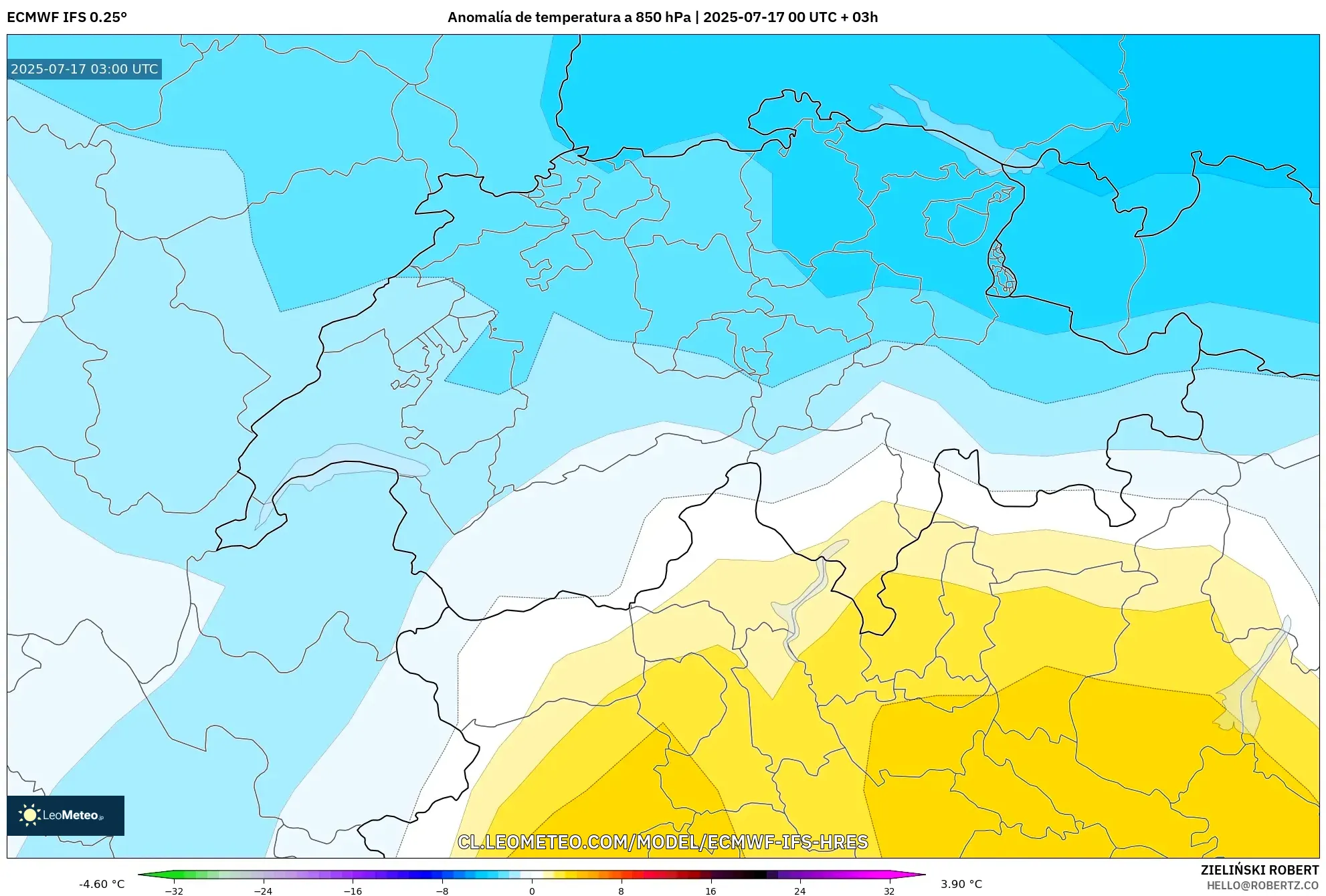 ECMWF IFS 0.25° model - Suiza, Anomalía de temperatura a 850 hPa