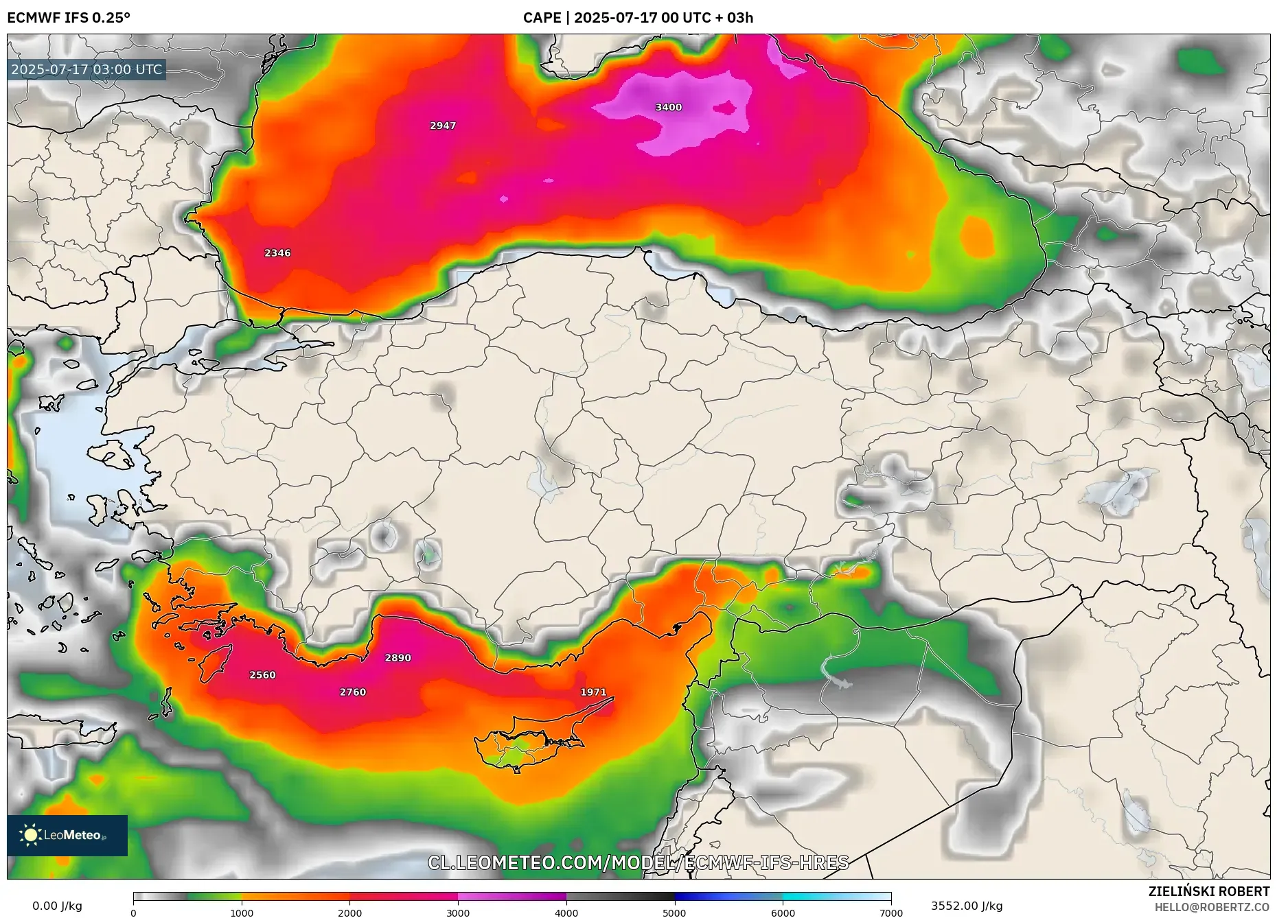 ECMWF IFS 0.25° model - Turquía, CAPE ECMWF IFS 0.25° model - Turquía, CAPE