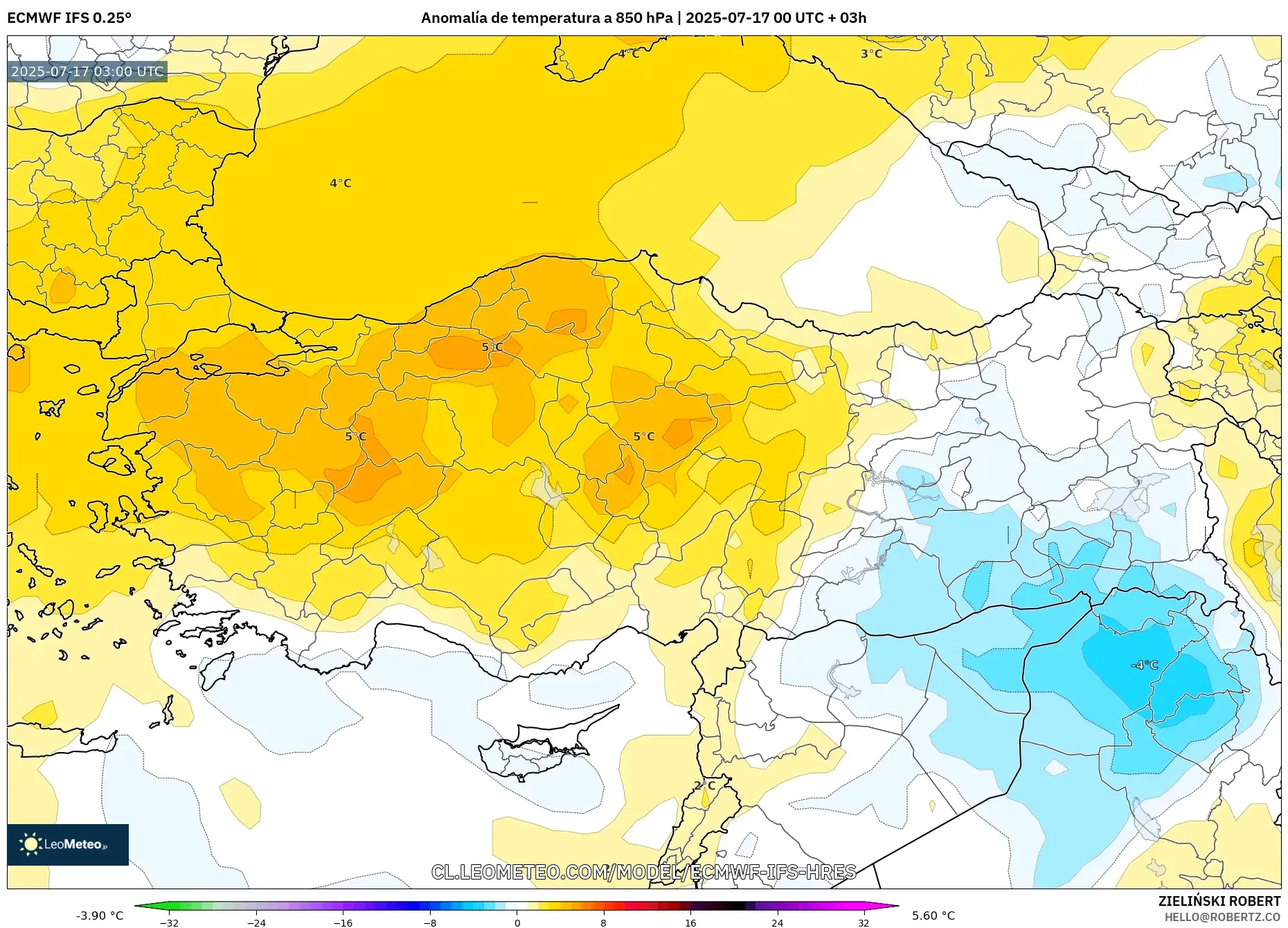 ECMWF IFS 0.25° model - Turquía, Anomalía de temperatura a 850 hPa ECMWF IFS 0.25° model - Turquía, Anomalía de temperatura a 850 hPa