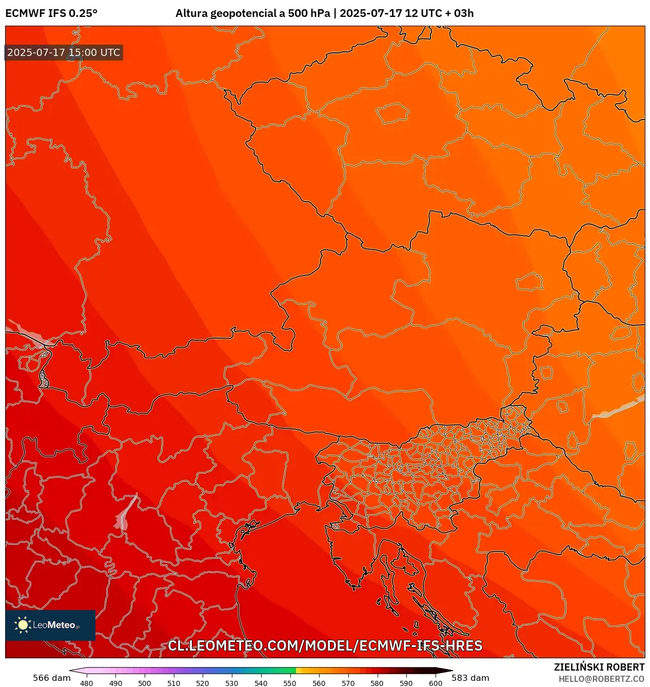 ECMWF IFS 0.25° model - Austria, Altura geopotencial a 500 hPa ECMWF IFS 0.25° model - Austria, Altura geopotencial a 500 hPa