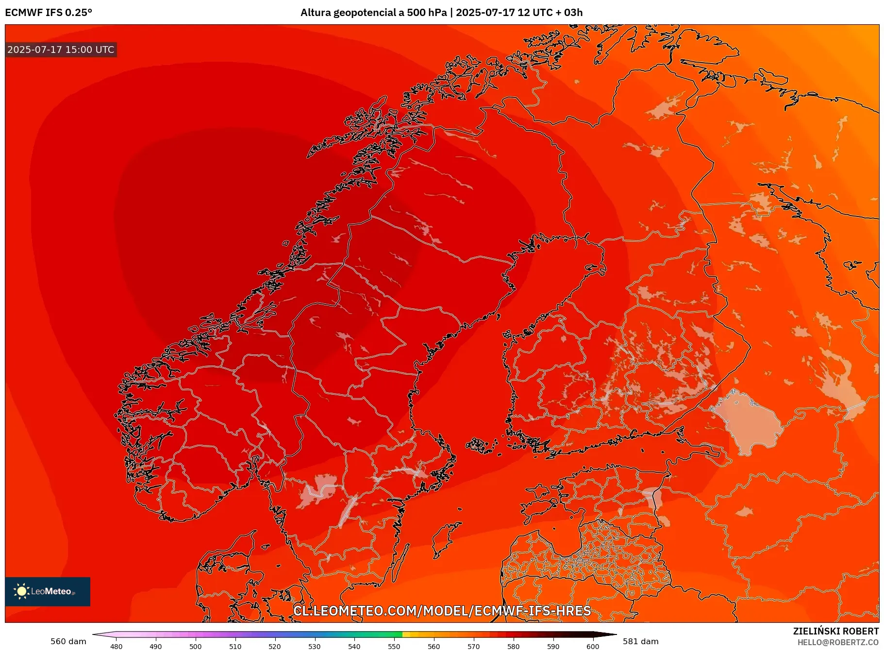 ECMWF IFS 0.25° model - Escandinavia, Altura geopotencial a 500 hPa
