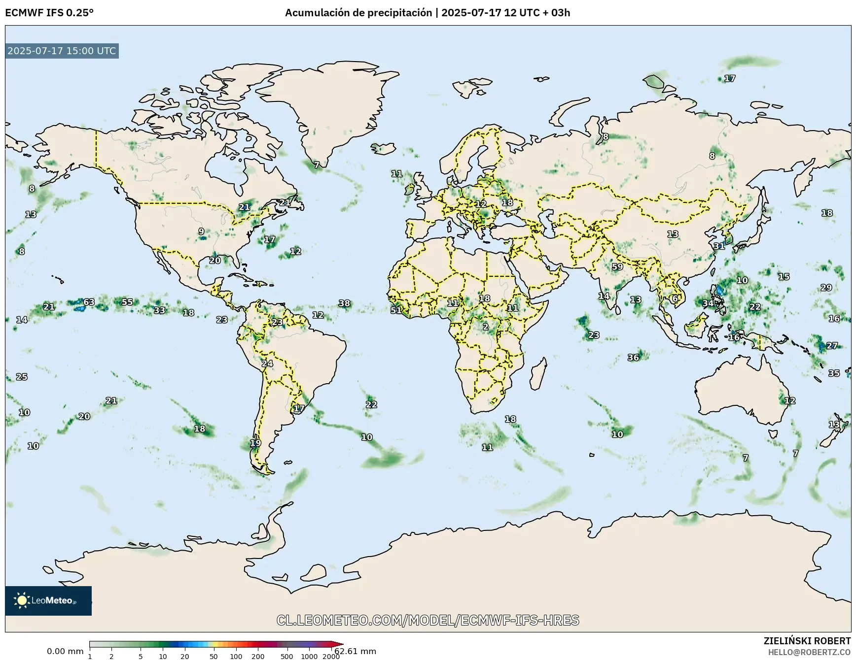 ECMWF IFS 0.25° model - Mundo, Acumulación de precipitación ECMWF IFS 0.25° model - Mundo, Acumulación de precipitación