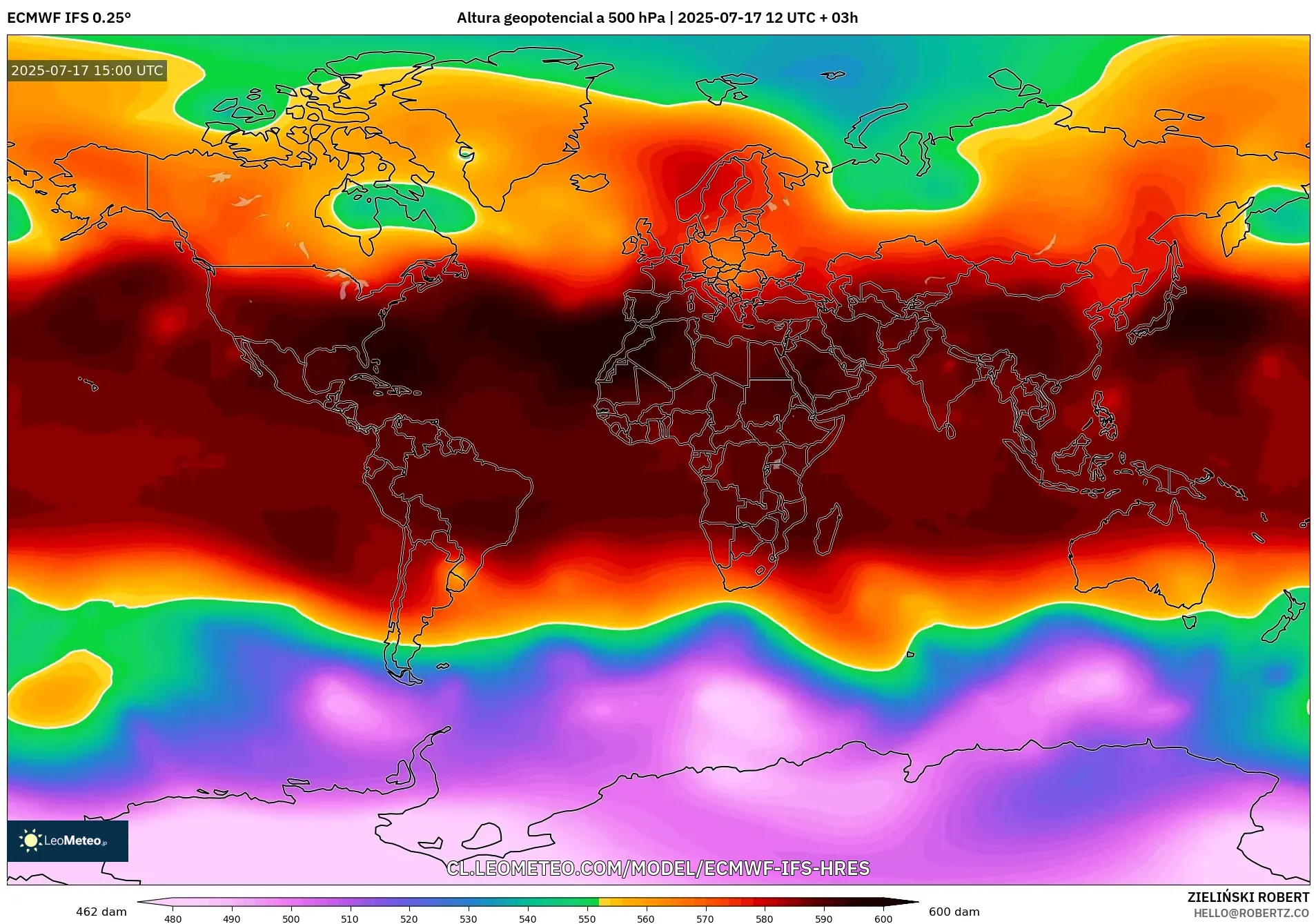 ECMWF IFS 0.25° model - Mundo, Altura geopotencial a 500 hPa