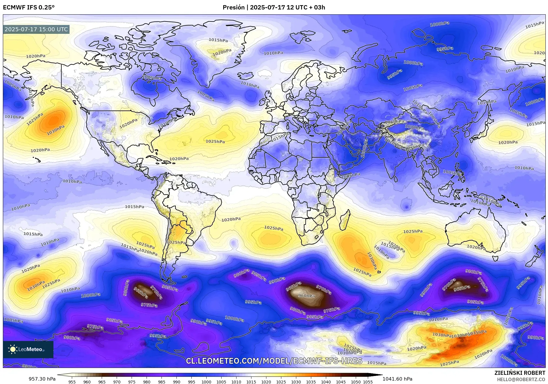 ECMWF IFS 0.25° model - Mundo, Presión ECMWF IFS 0.25° model - Mundo, Presión