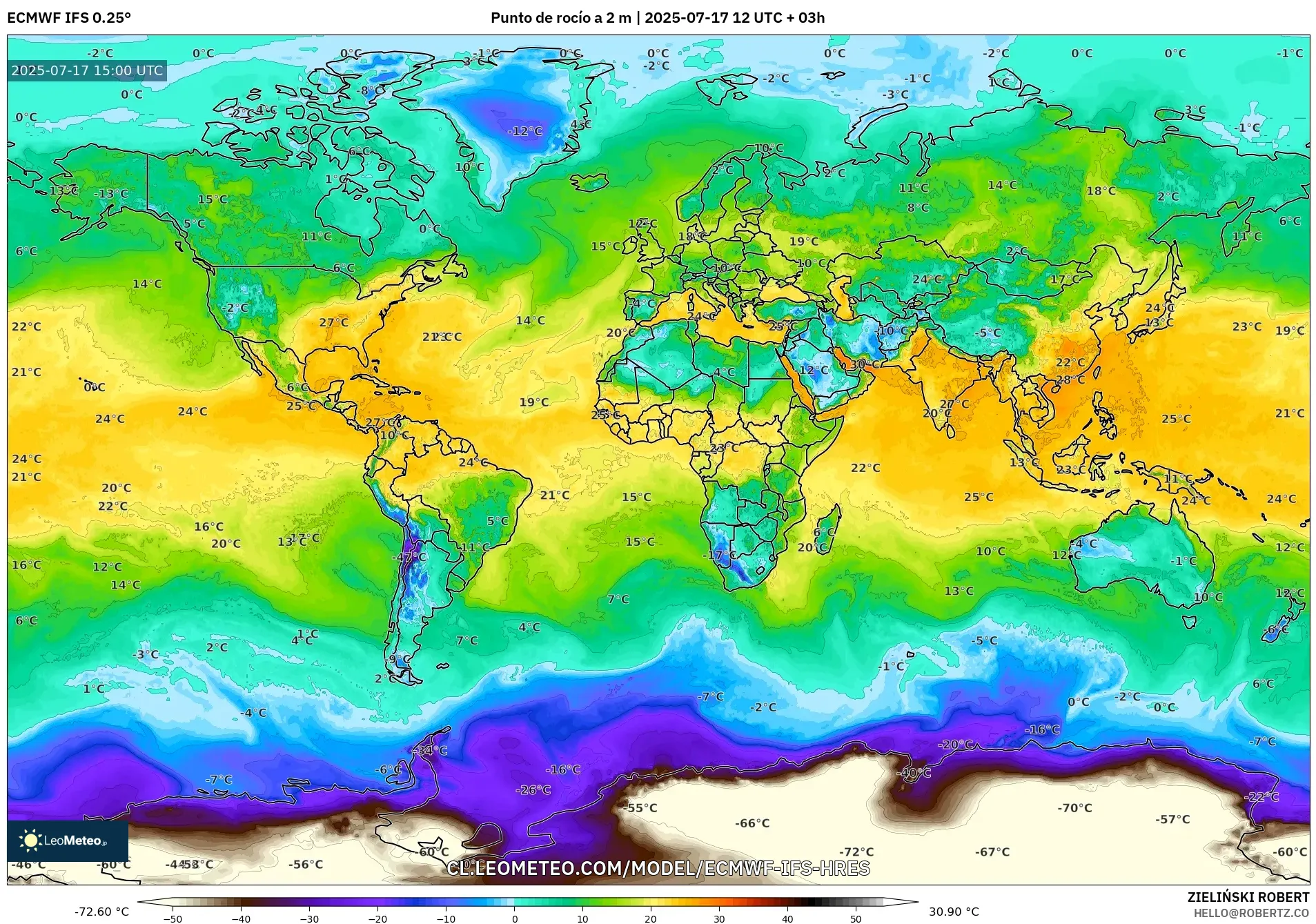 ECMWF IFS 0.25° model - Mundo, Punto de rocío a 2 m ECMWF IFS 0.25° model - Mundo, Punto de rocío a 2 m