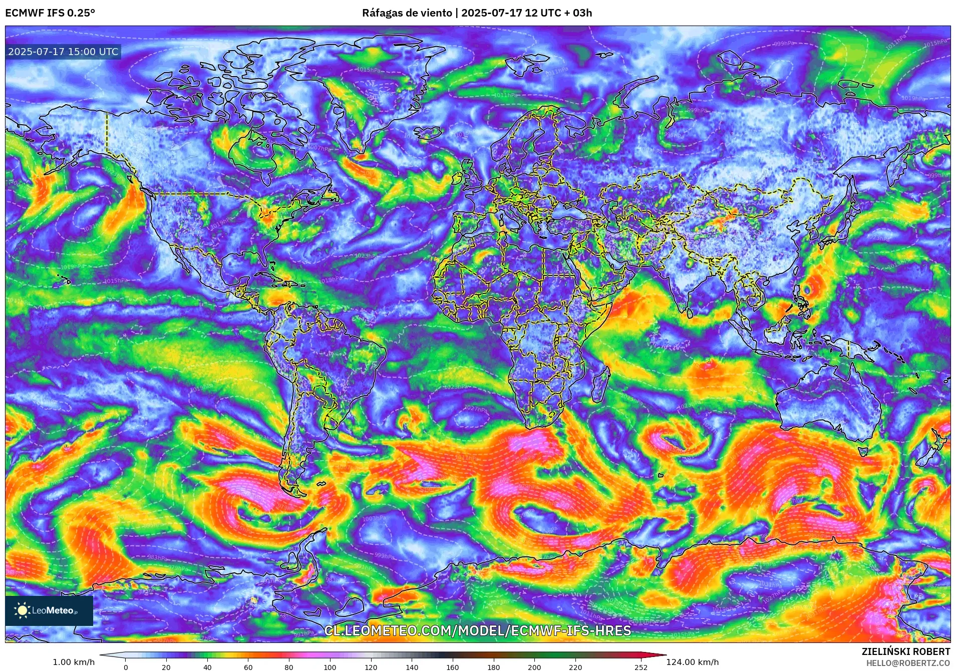 ECMWF IFS 0.25° model - Mundo, Ráfagas de viento ECMWF IFS 0.25° model - Mundo, Ráfagas de viento