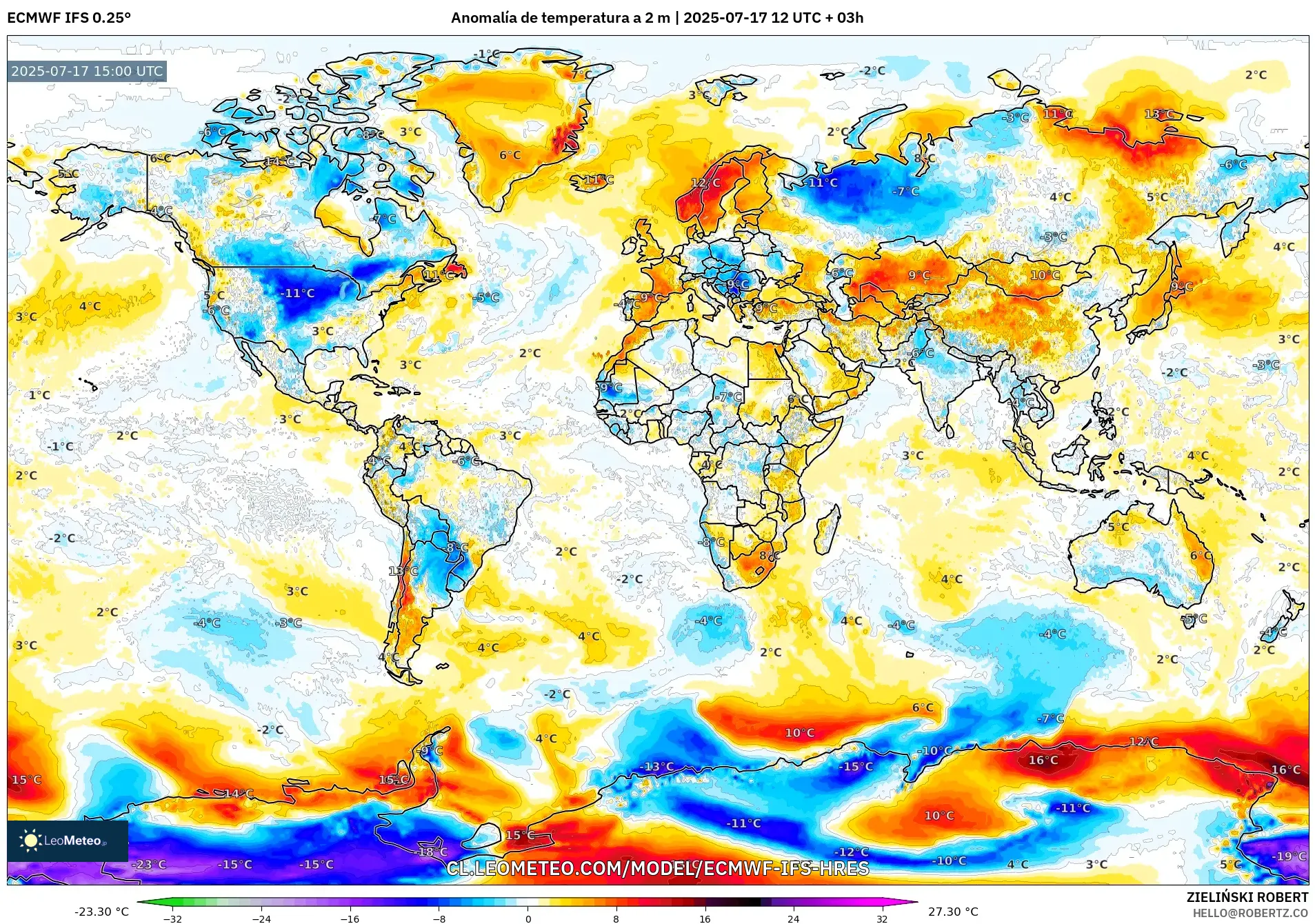 ECMWF IFS 0.25° model - Mundo, Anomalía de temperatura a 2 m