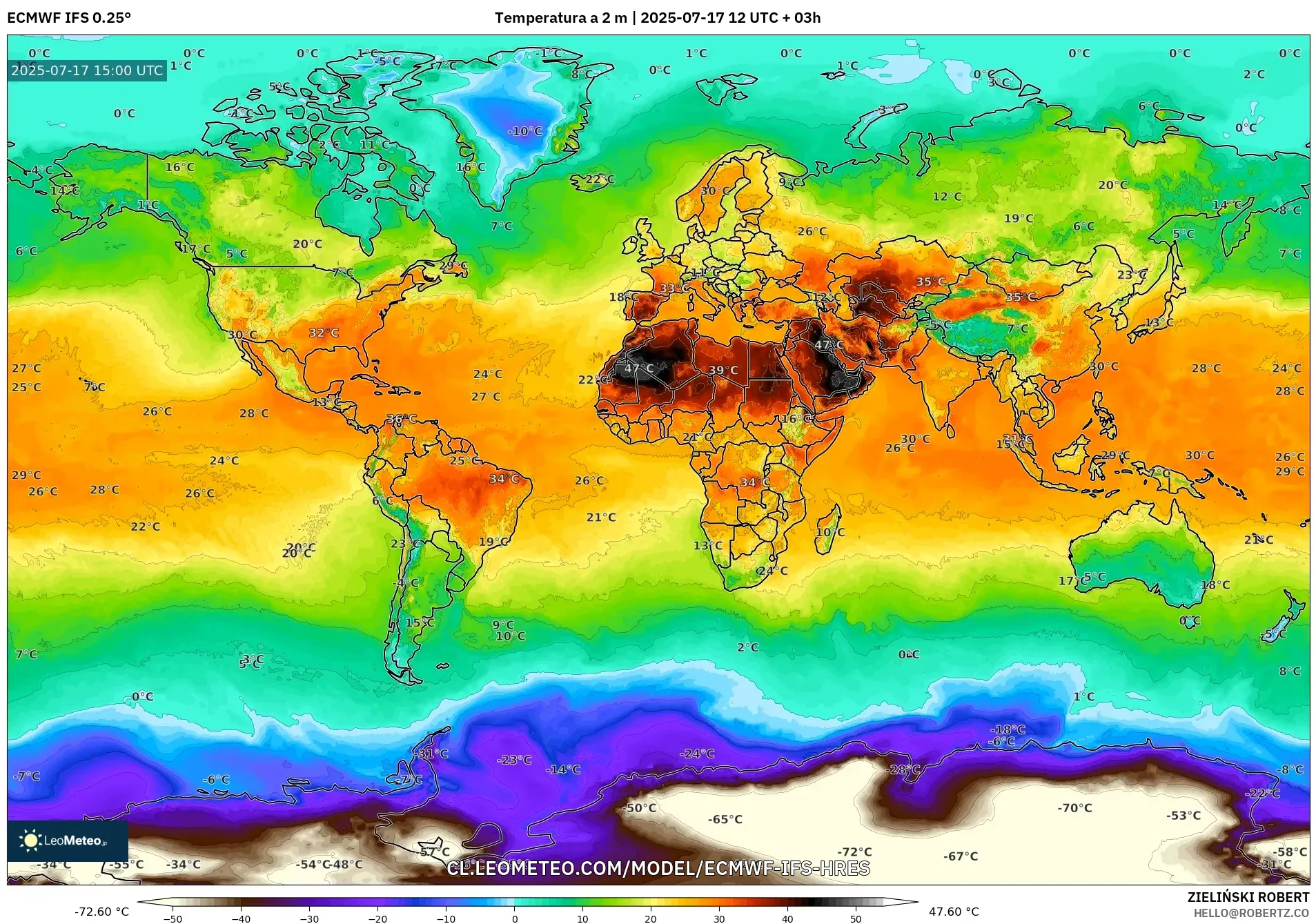 ECMWF IFS 0.25° model - Mundo, Temperatura a 2 m