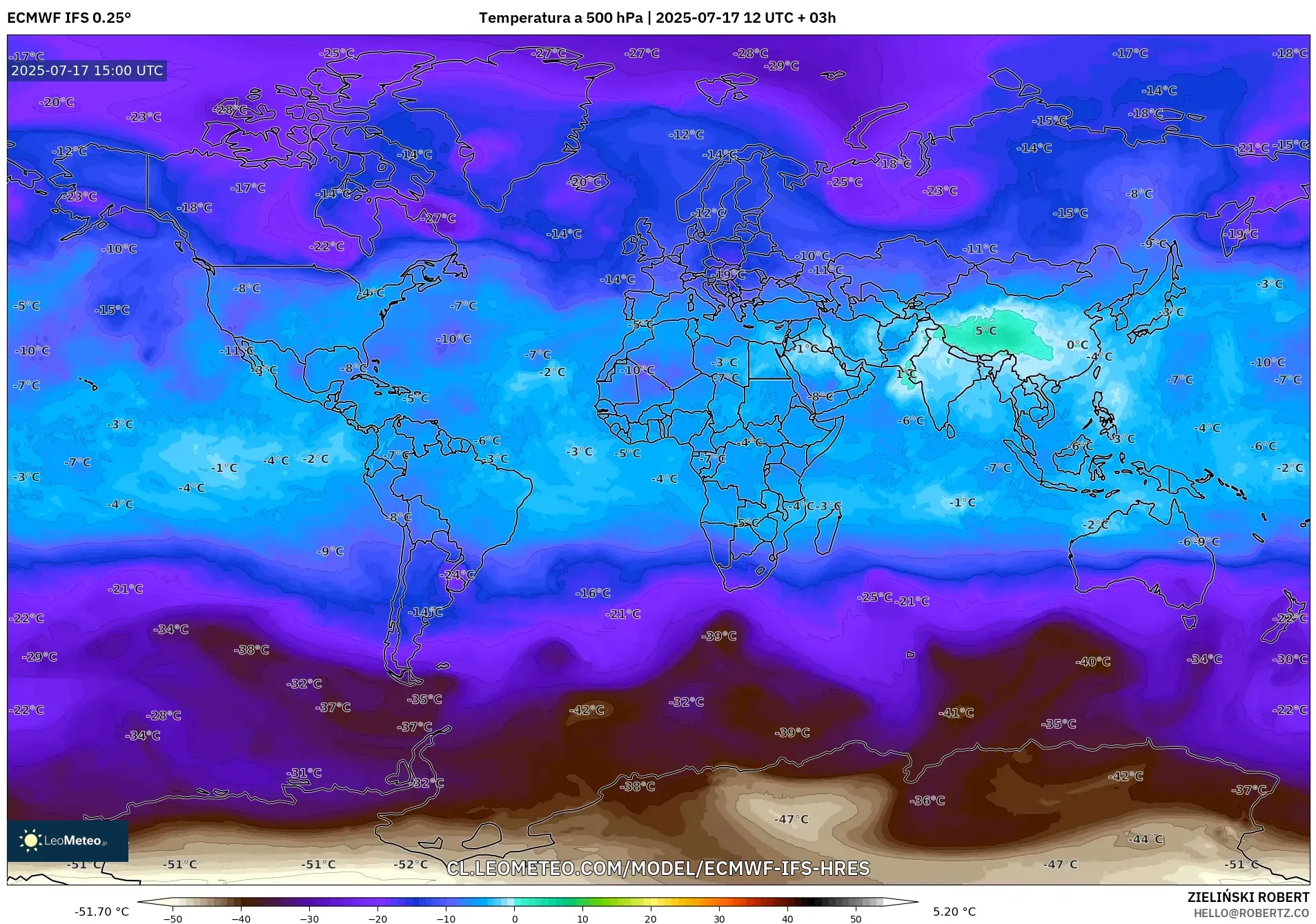 ECMWF IFS 0.25° model - Mundo, Temperatura a 500 hPa ECMWF IFS 0.25° model - Mundo, Temperatura a 500 hPa