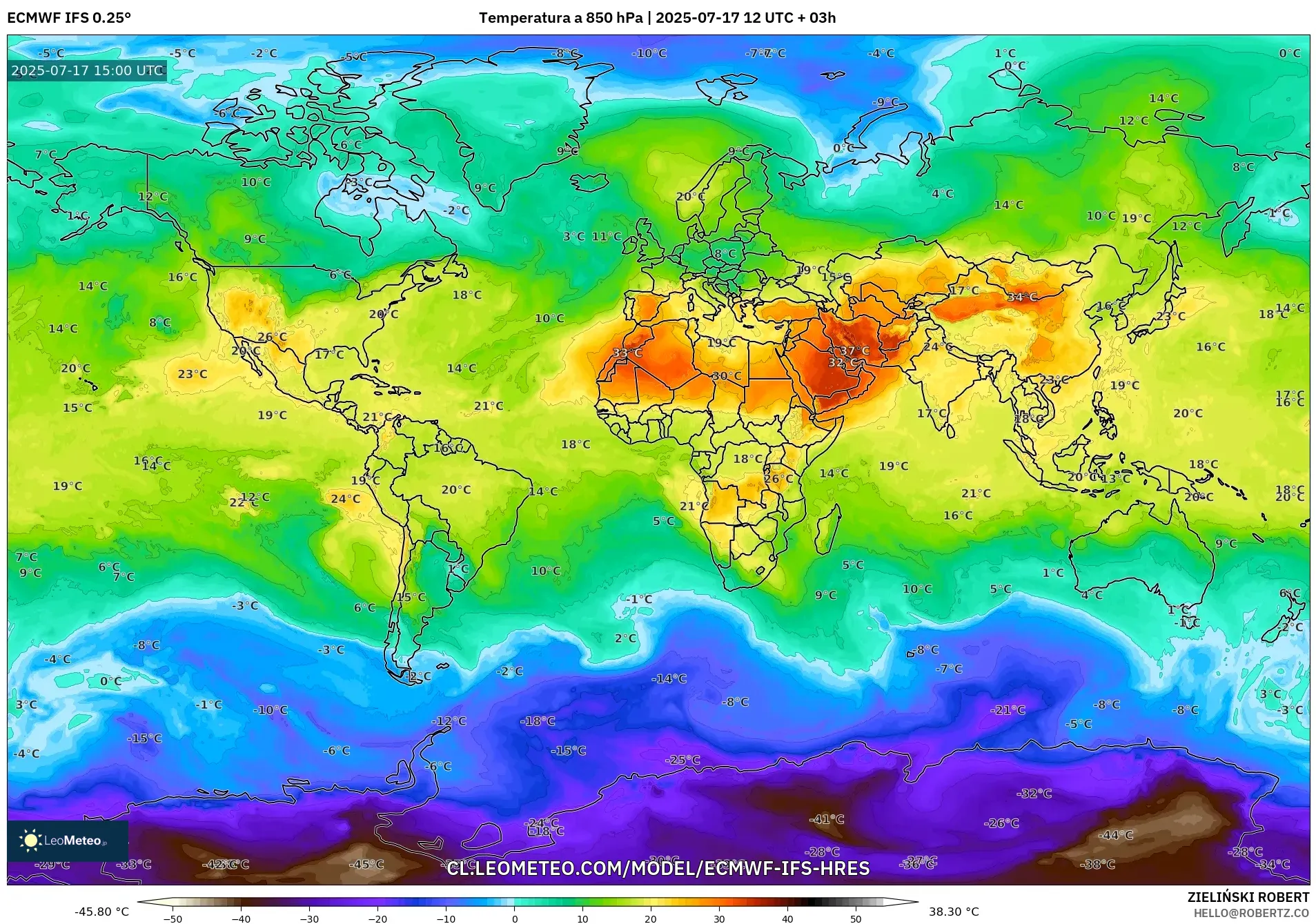 ECMWF IFS 0.25° model - Mundo, Temperatura a 850 hPa ECMWF IFS 0.25° model - Mundo, Temperatura a 850 hPa
