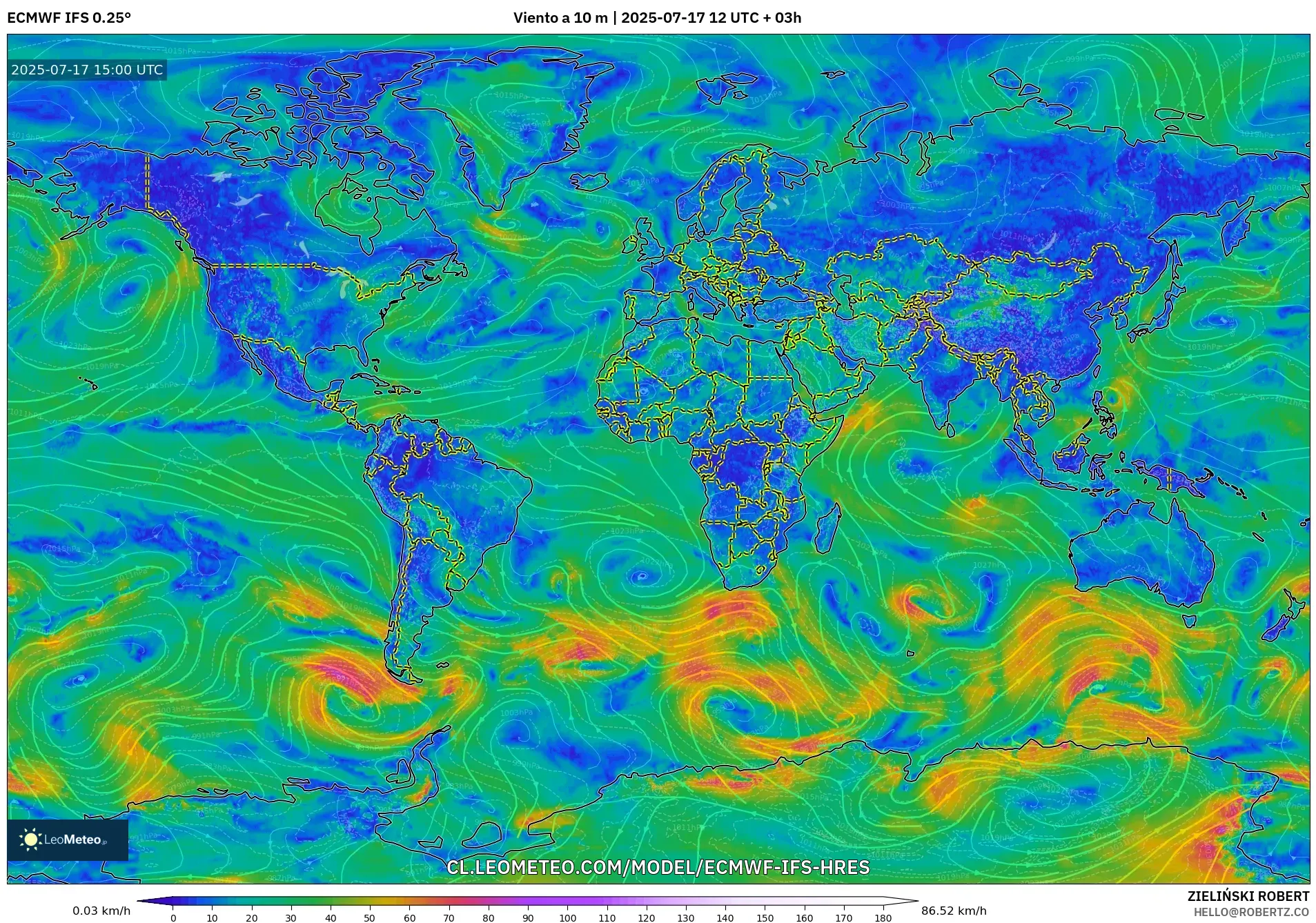 ECMWF IFS 0.25° model - Mundo, Viento a 10 m ECMWF IFS 0.25° model - Mundo, Viento a 10 m