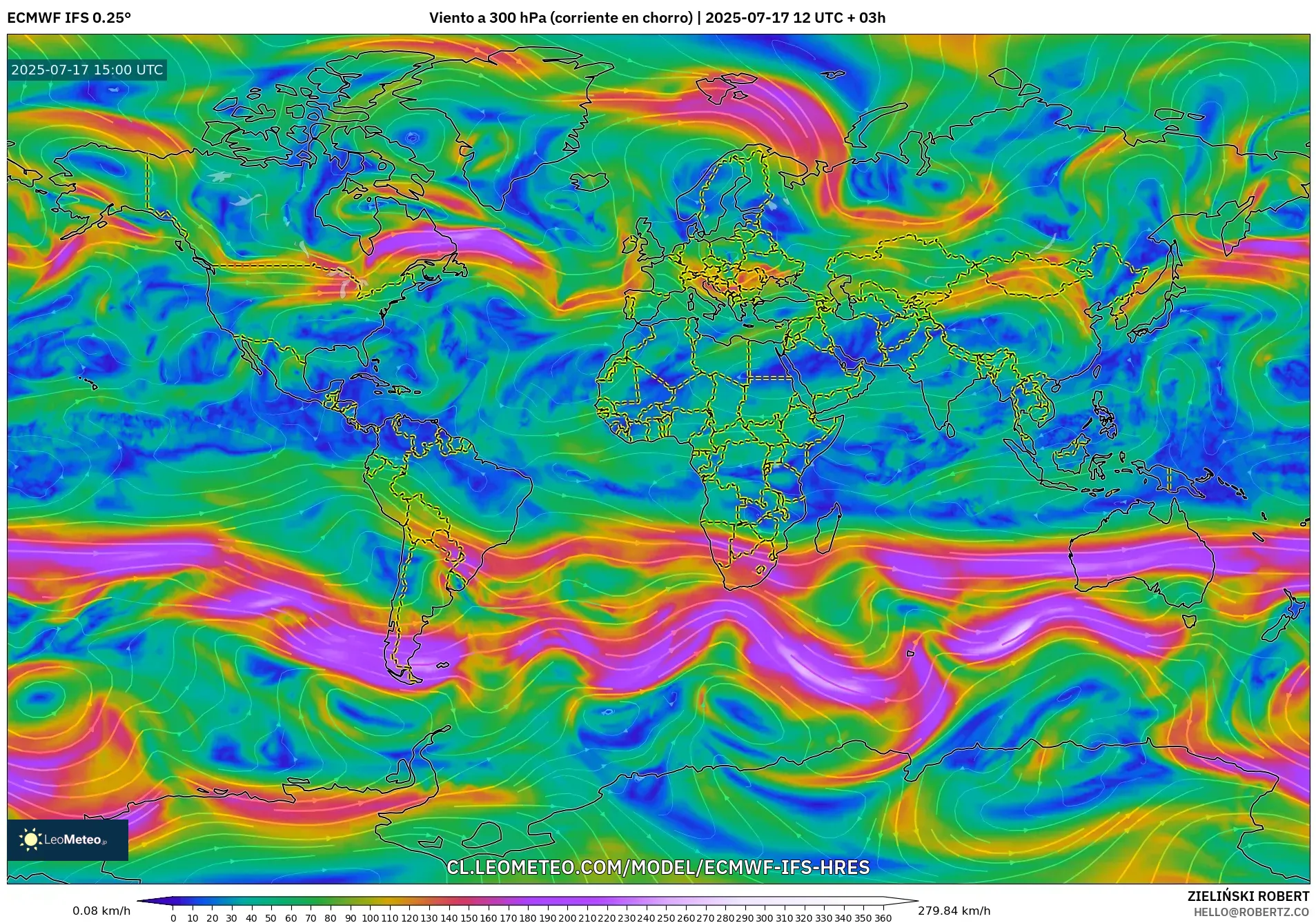 ECMWF IFS 0.25° model - Mundo, Viento a 300 hPa (corriente en chorro)