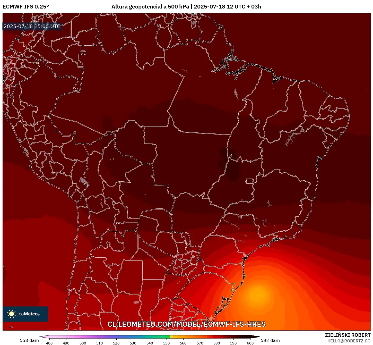 ECMWF IFS 0.25° model - Brasil, Altura geopotencial a 500 hPa
