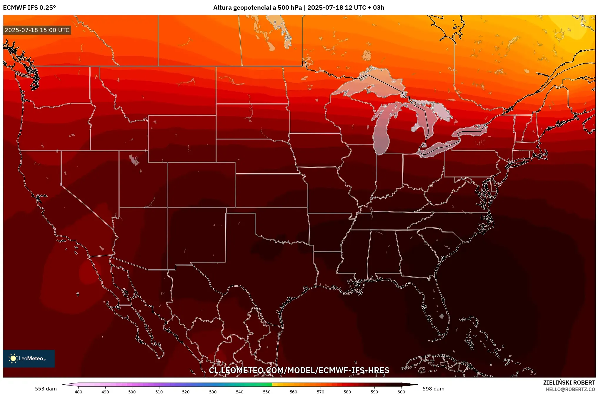 ECMWF IFS 0.25° model - Estados Unidos, Altura geopotencial a 500 hPa ECMWF IFS 0.25° model - Estados Unidos, Altura geopotencial a 500 hPa