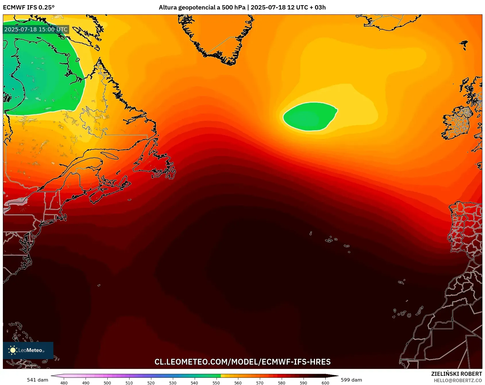 ECMWF IFS 0.25° model - Norte Atlántico, Altura geopotencial a 500 hPa