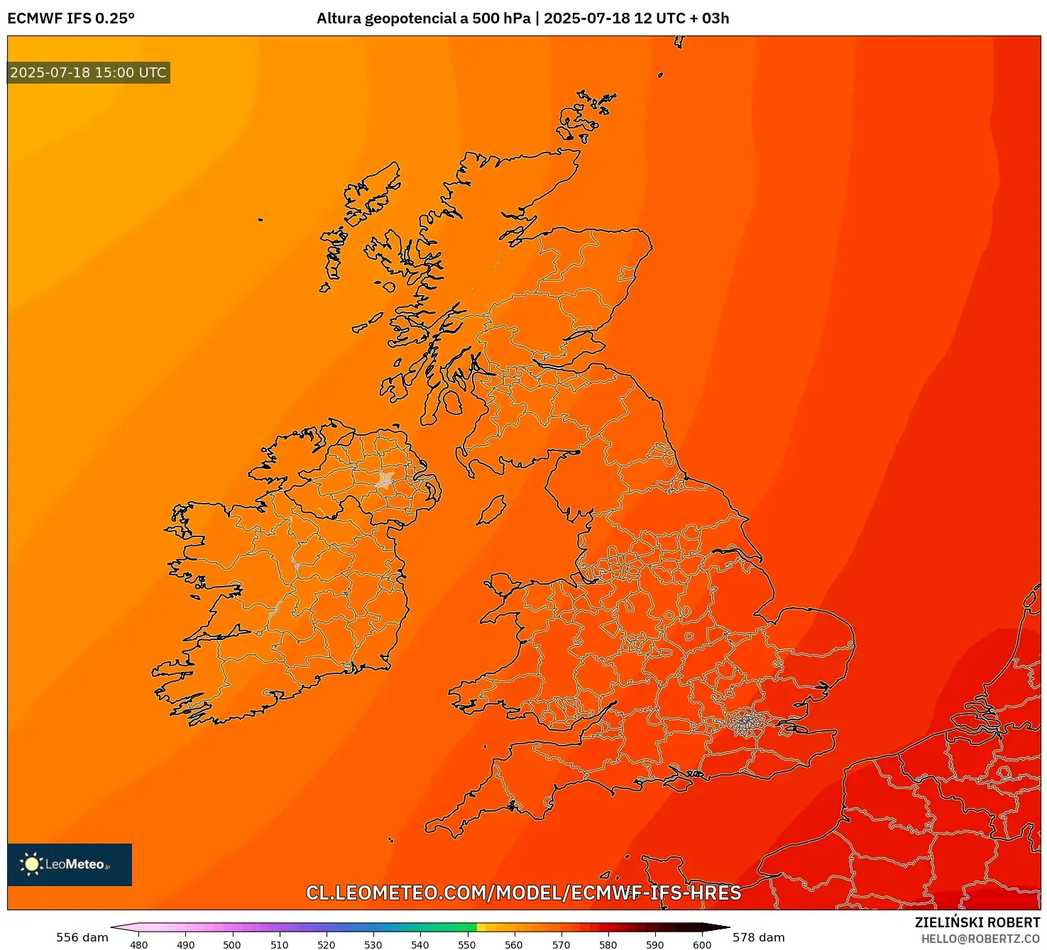ECMWF IFS 0.25° model - Reino Unido, Altura geopotencial a 500 hPa ECMWF IFS 0.25° model - Reino Unido, Altura geopotencial a 500 hPa