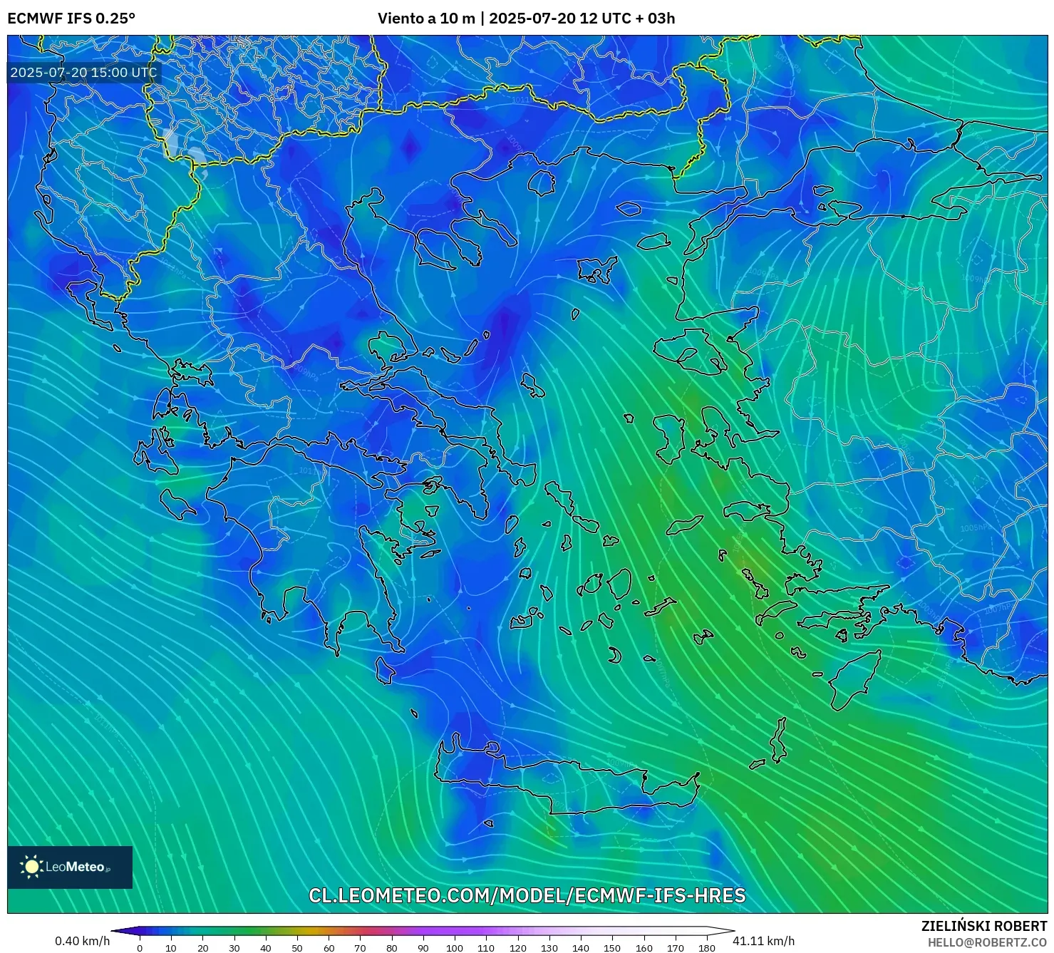 ECMWF IFS 0.25° model - Grecia, Viento a 10 m