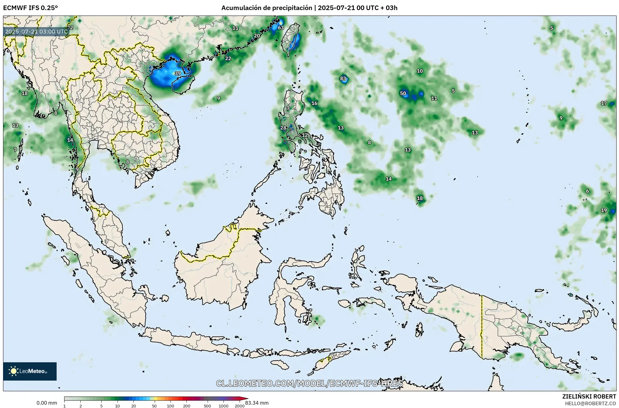 ECMWF IFS 0.25° model - Sudeste Asiático, Acumulación de precipitación ECMWF IFS 0.25° model - Sudeste Asiático, Acumulación de precipitación