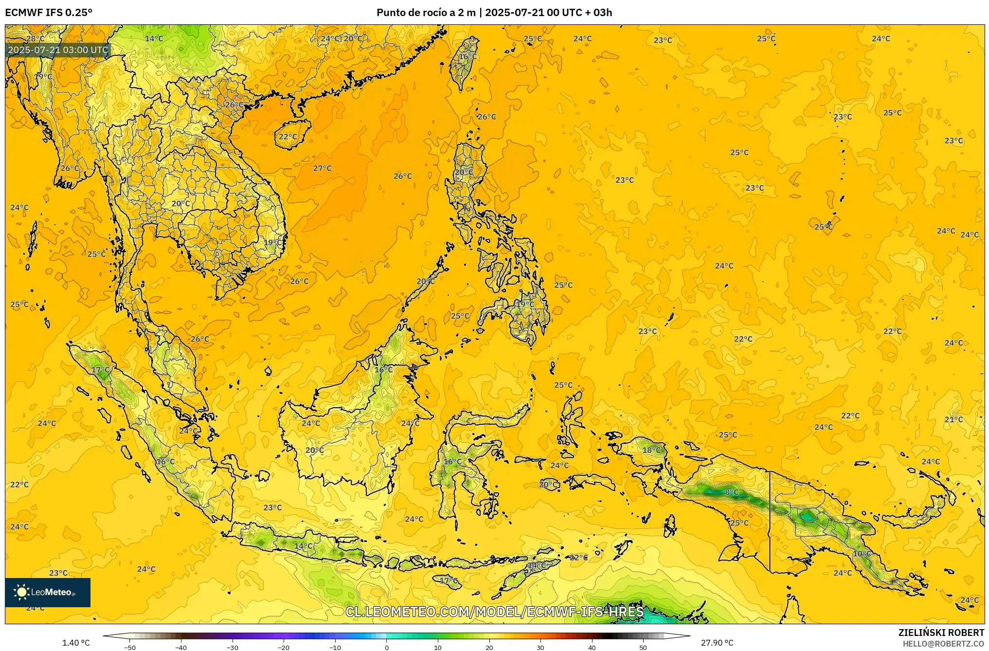 ECMWF IFS 0.25° model - Sudeste Asiático, Punto de rocío a 2 m
