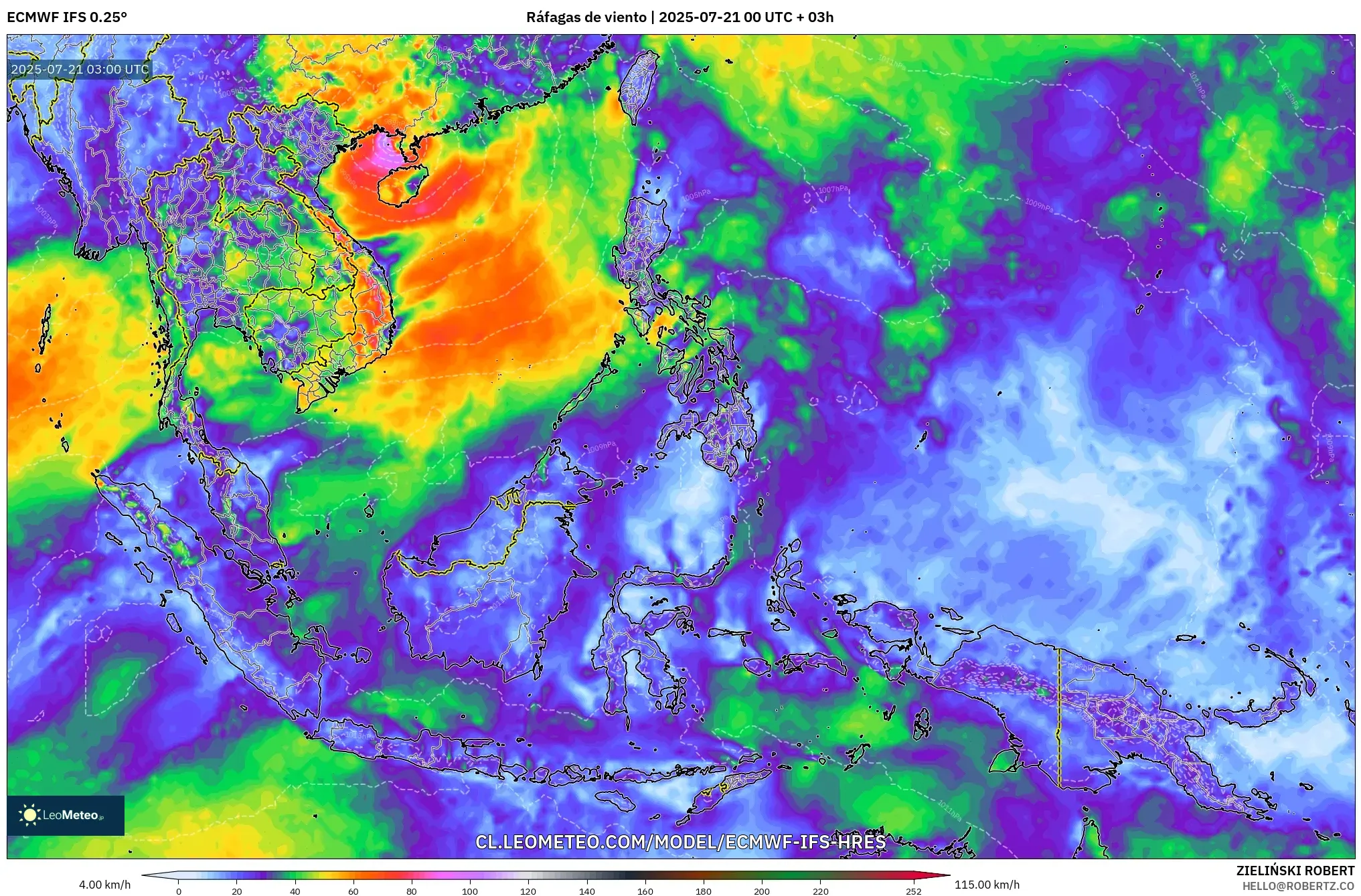 ECMWF IFS 0.25° model - Sudeste Asiático, Ráfagas de viento ECMWF IFS 0.25° model - Sudeste Asiático, Ráfagas de viento