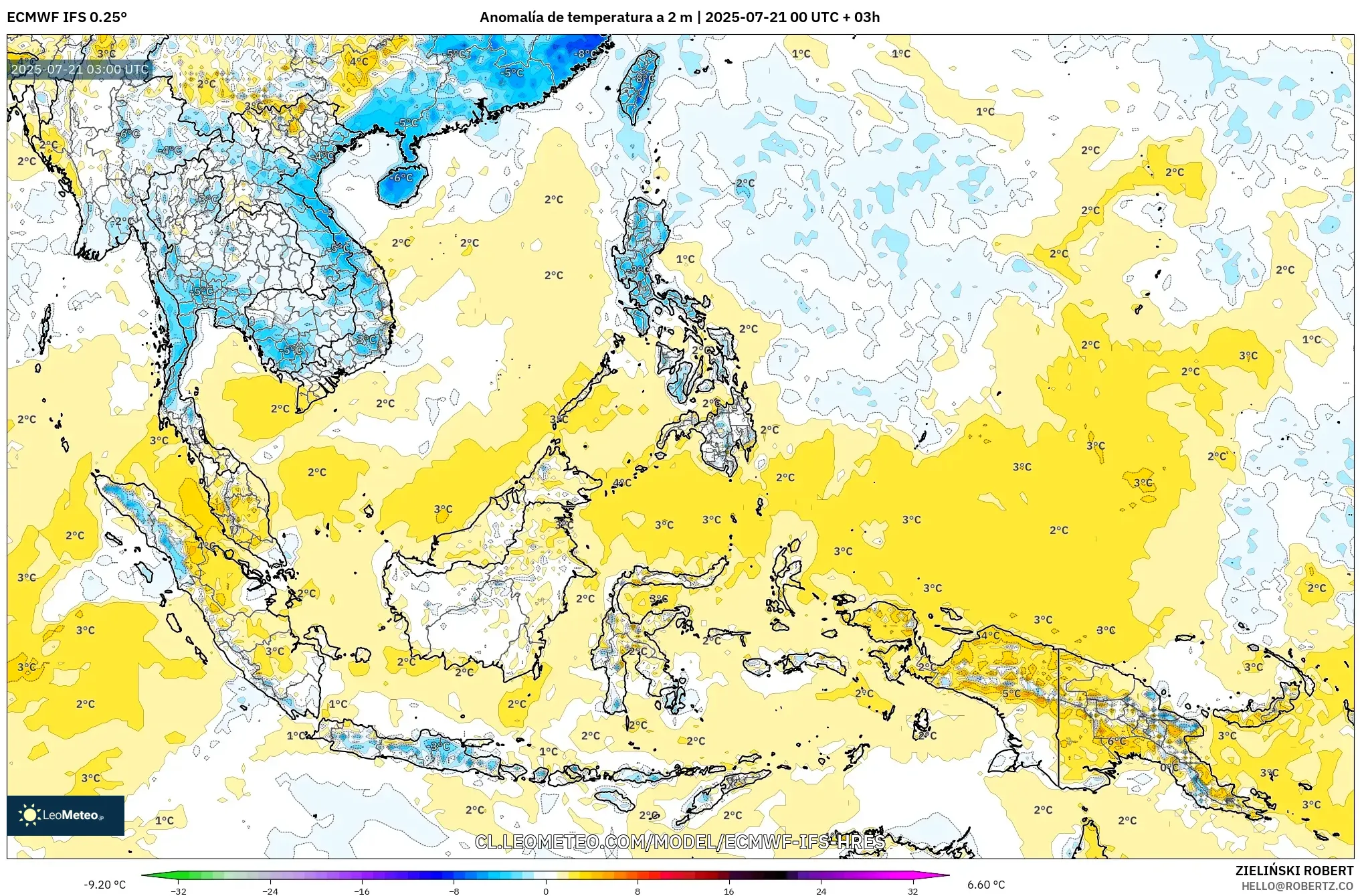 ECMWF IFS 0.25° model - Sudeste Asiático, Anomalía de temperatura a 2 m