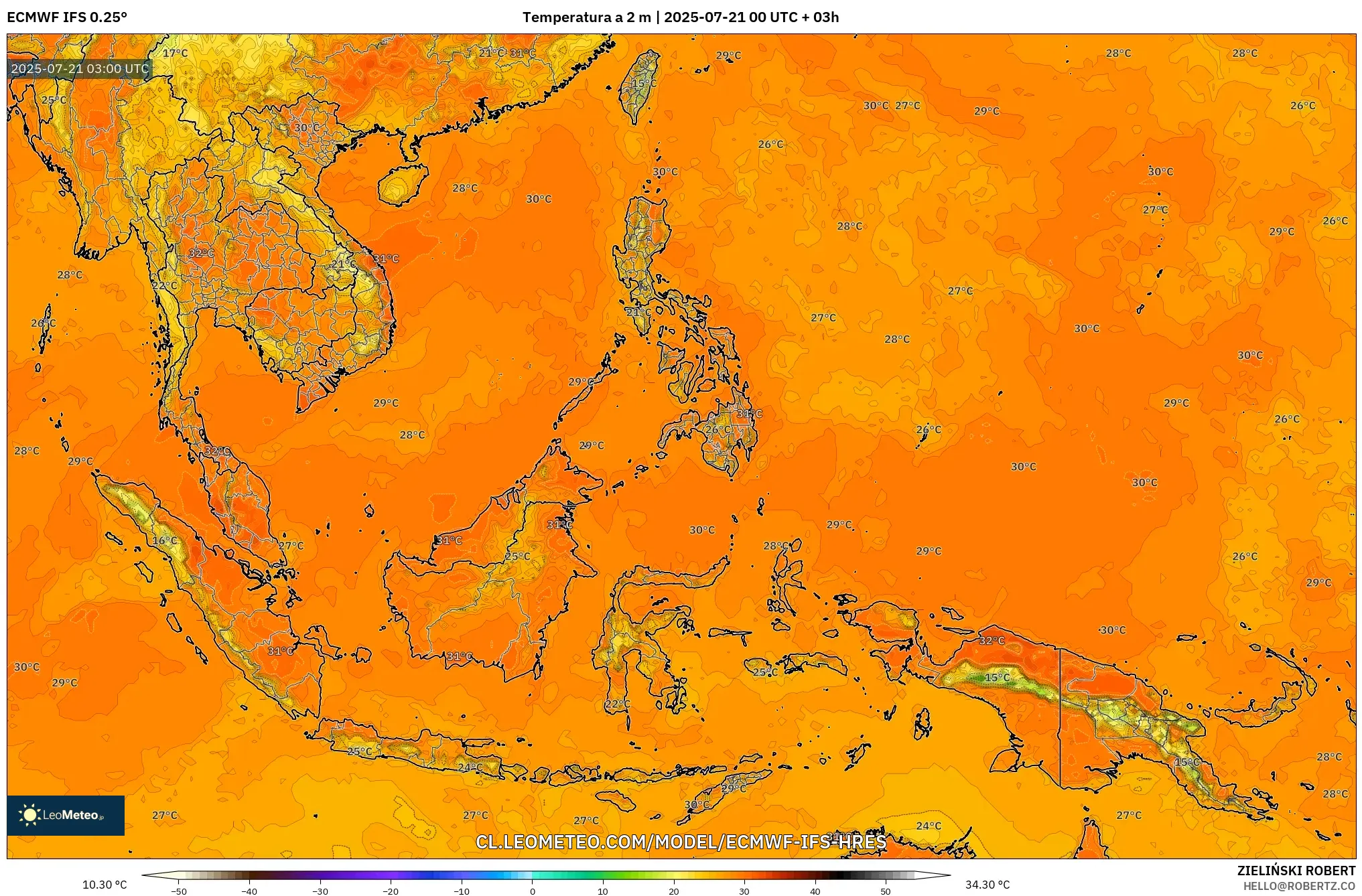 ECMWF IFS 0.25° model - Sudeste Asiático, Temperatura a 2 m ECMWF IFS 0.25° model - Sudeste Asiático, Temperatura a 2 m