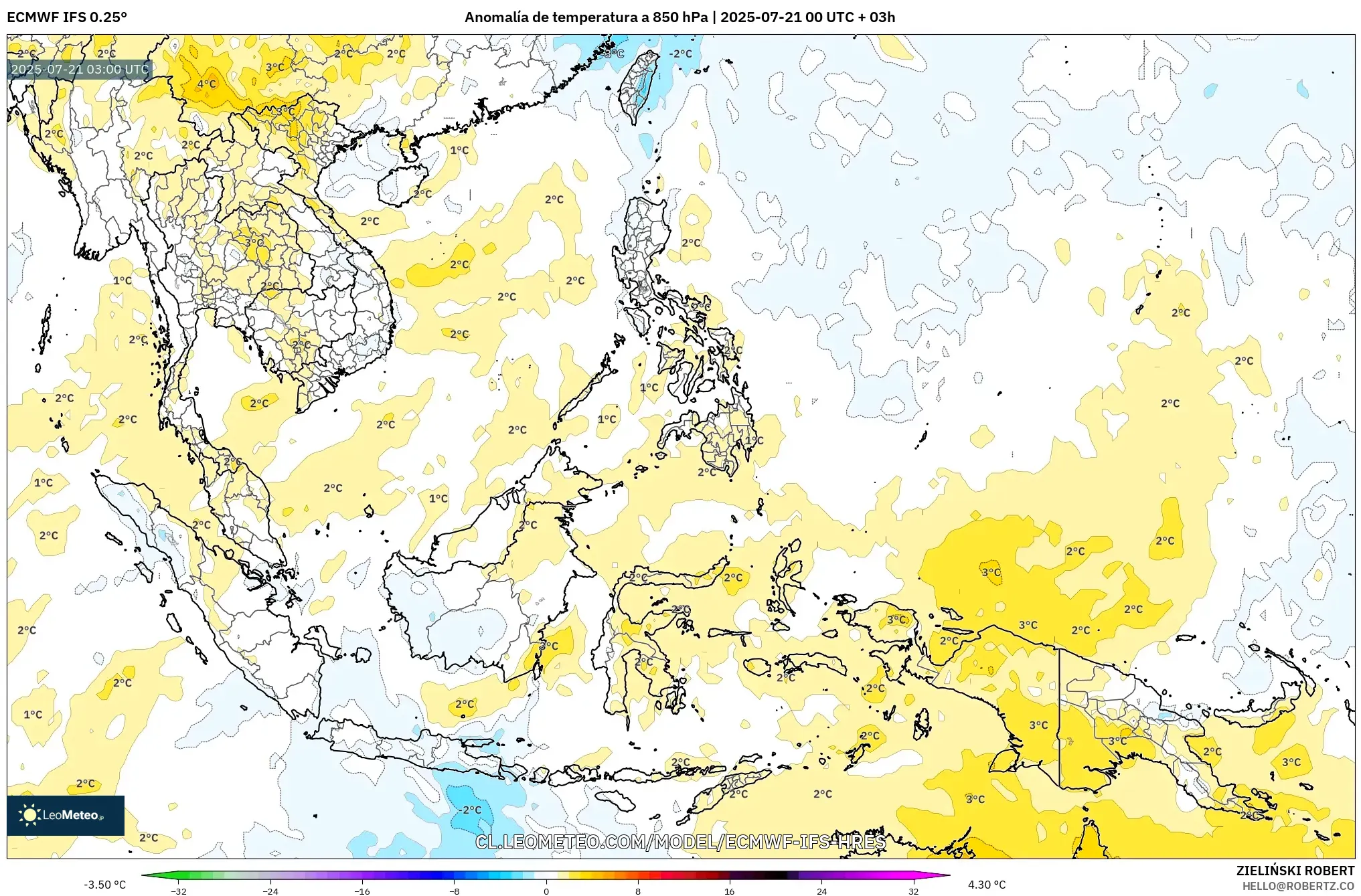 ECMWF IFS 0.25° model - Sudeste Asiático, Anomalía de temperatura a 850 hPa