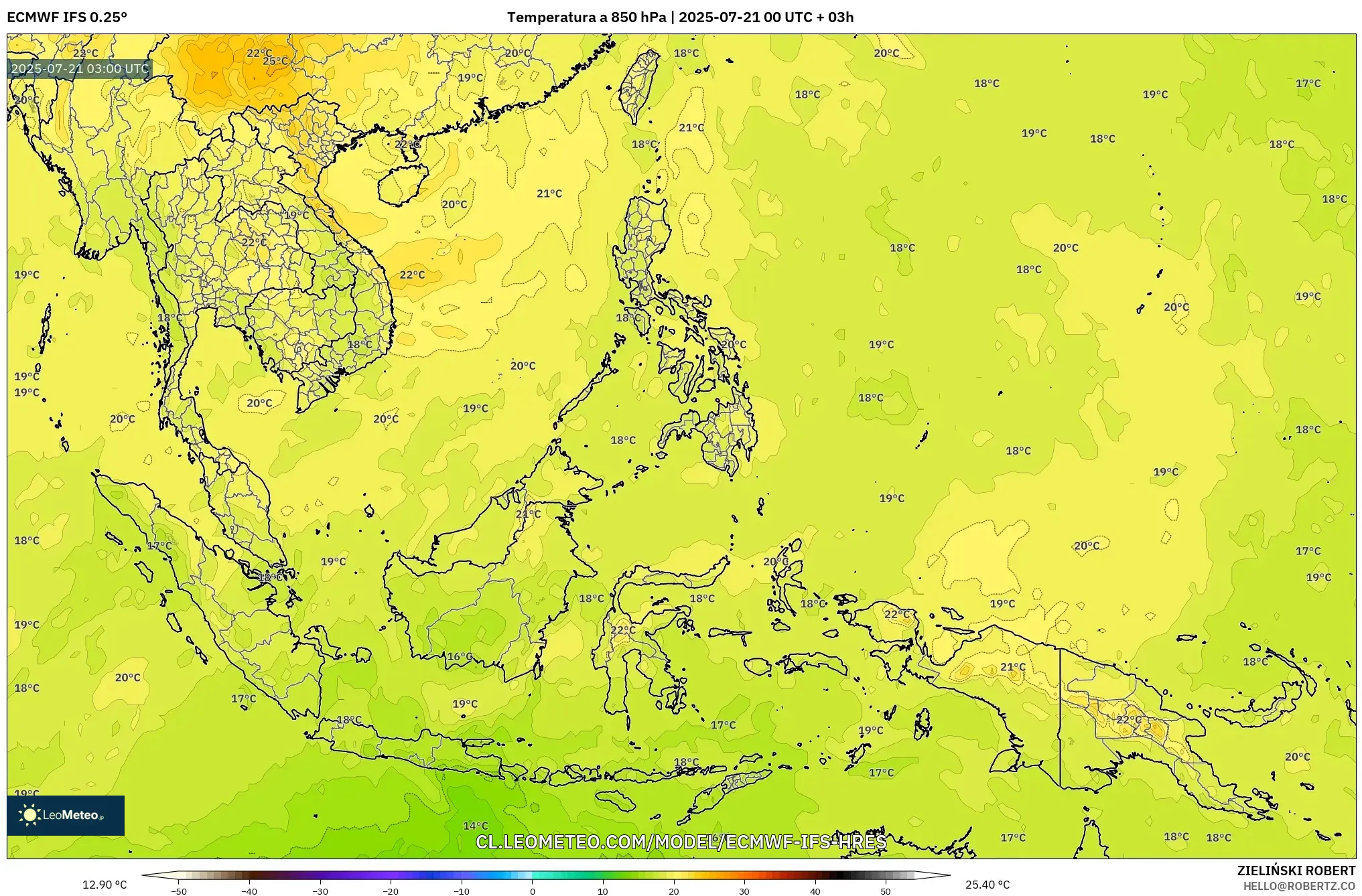 ECMWF IFS 0.25° model - Sudeste Asiático, Temperatura a 850 hPa