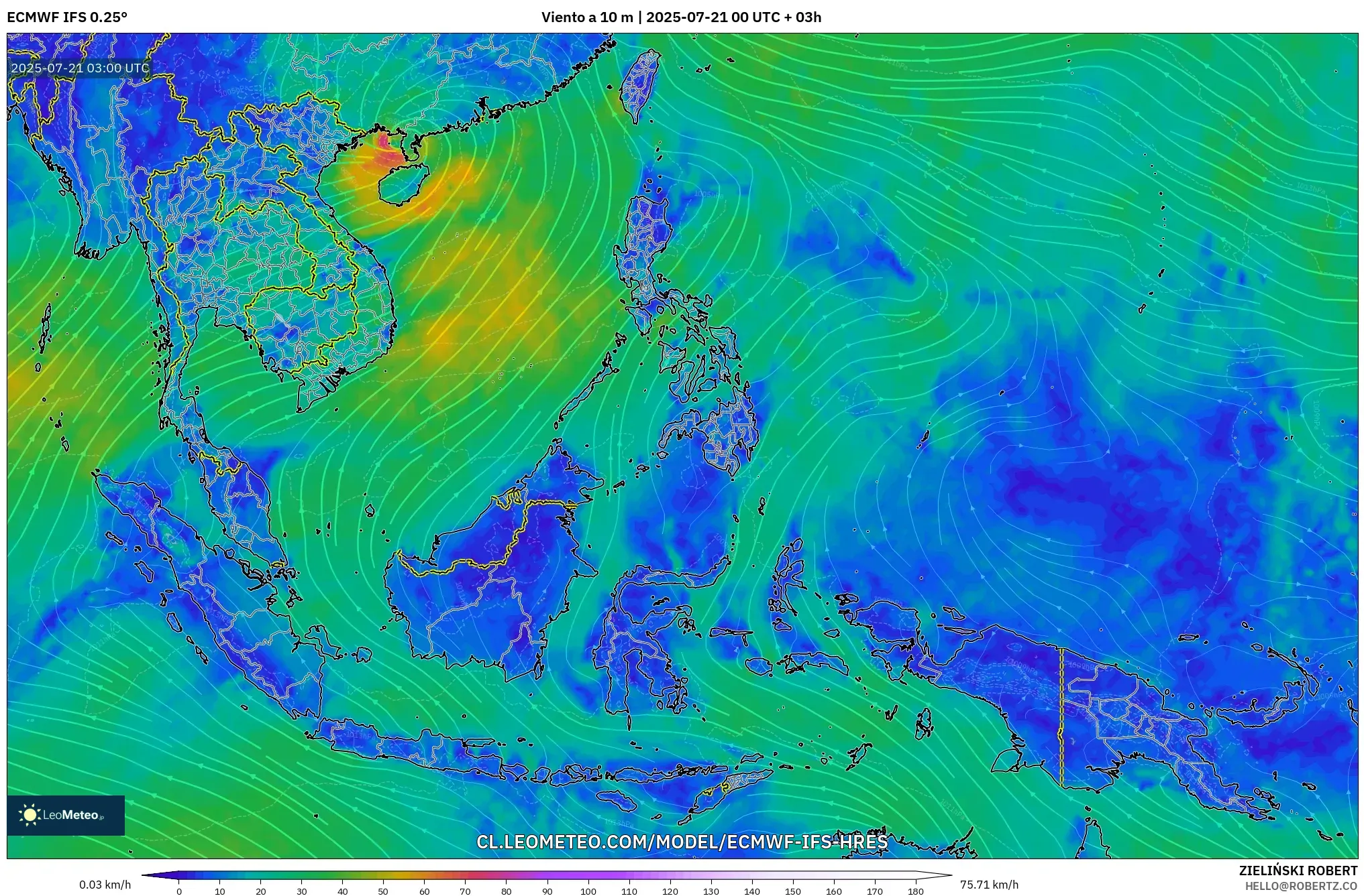 ECMWF IFS 0.25° model - Sudeste Asiático, Viento a 10 m