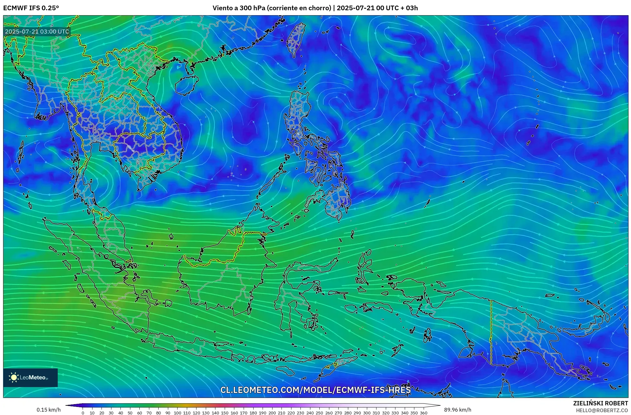 ECMWF IFS 0.25° model - Sudeste Asiático, Viento a 300 hPa (corriente en chorro)