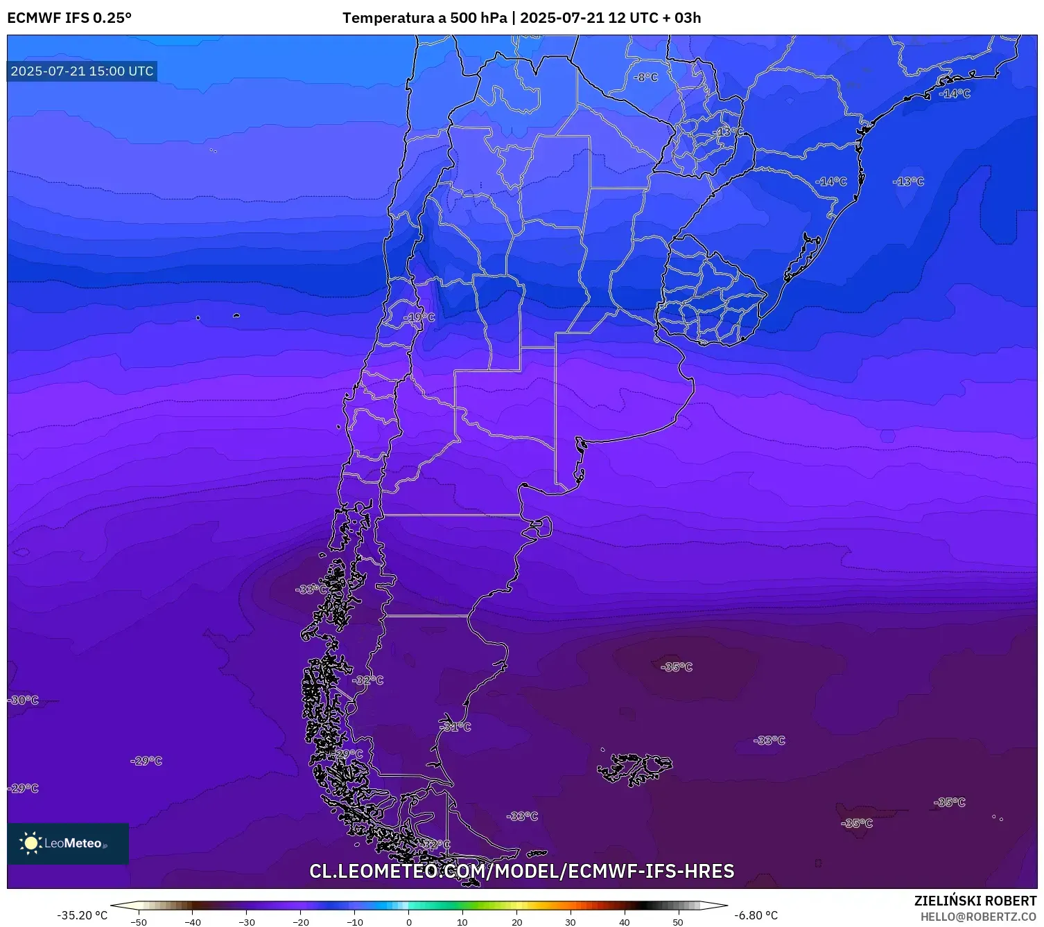 ECMWF IFS 0.25° model - Argentina, Temperatura a 500 hPa ECMWF IFS 0.25° model - Argentina, Temperatura a 500 hPa