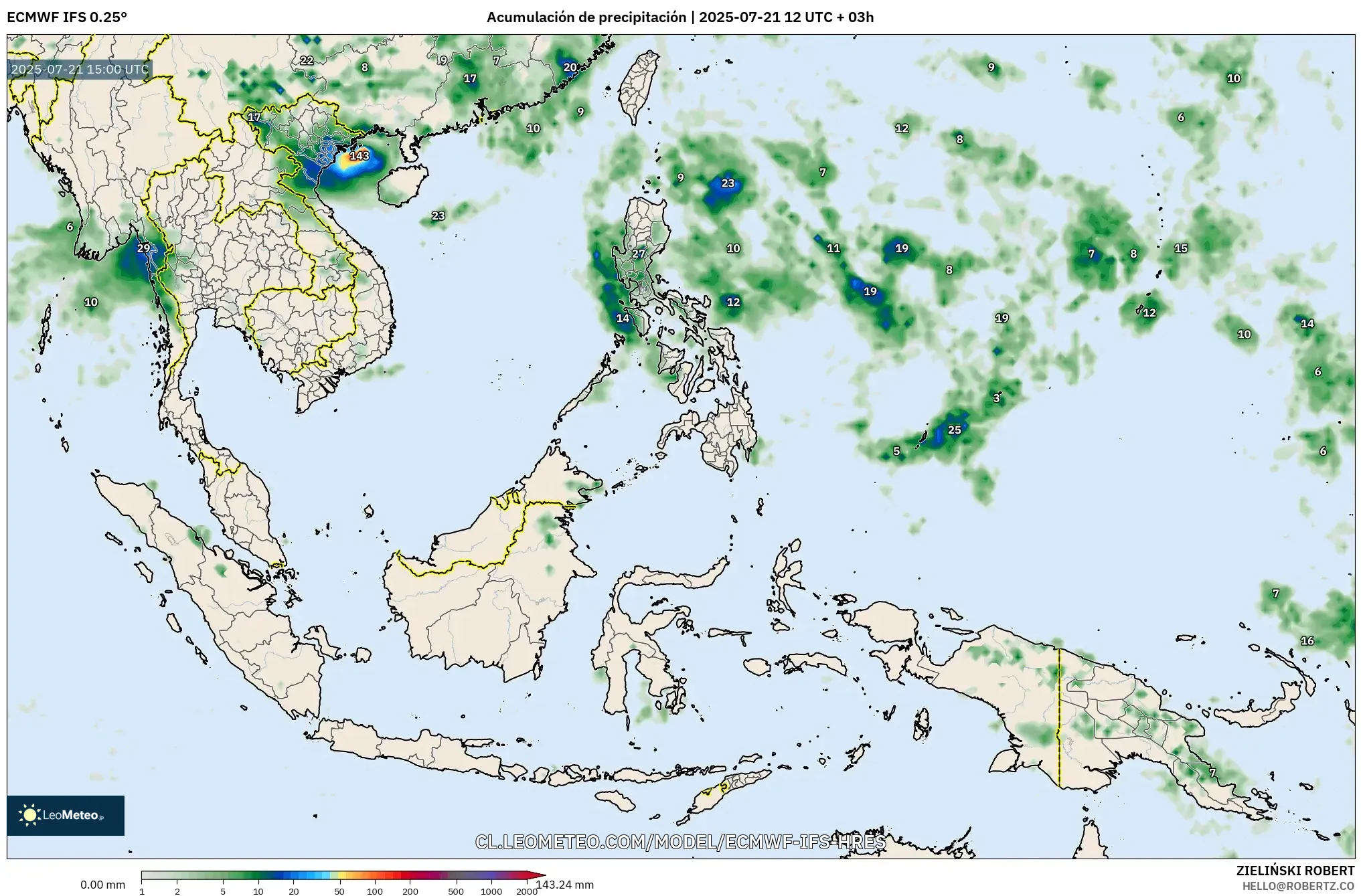 ECMWF IFS 0.25° model - Sudeste Asiático, Acumulación de precipitación ECMWF IFS 0.25° model - Sudeste Asiático, Acumulación de precipitación